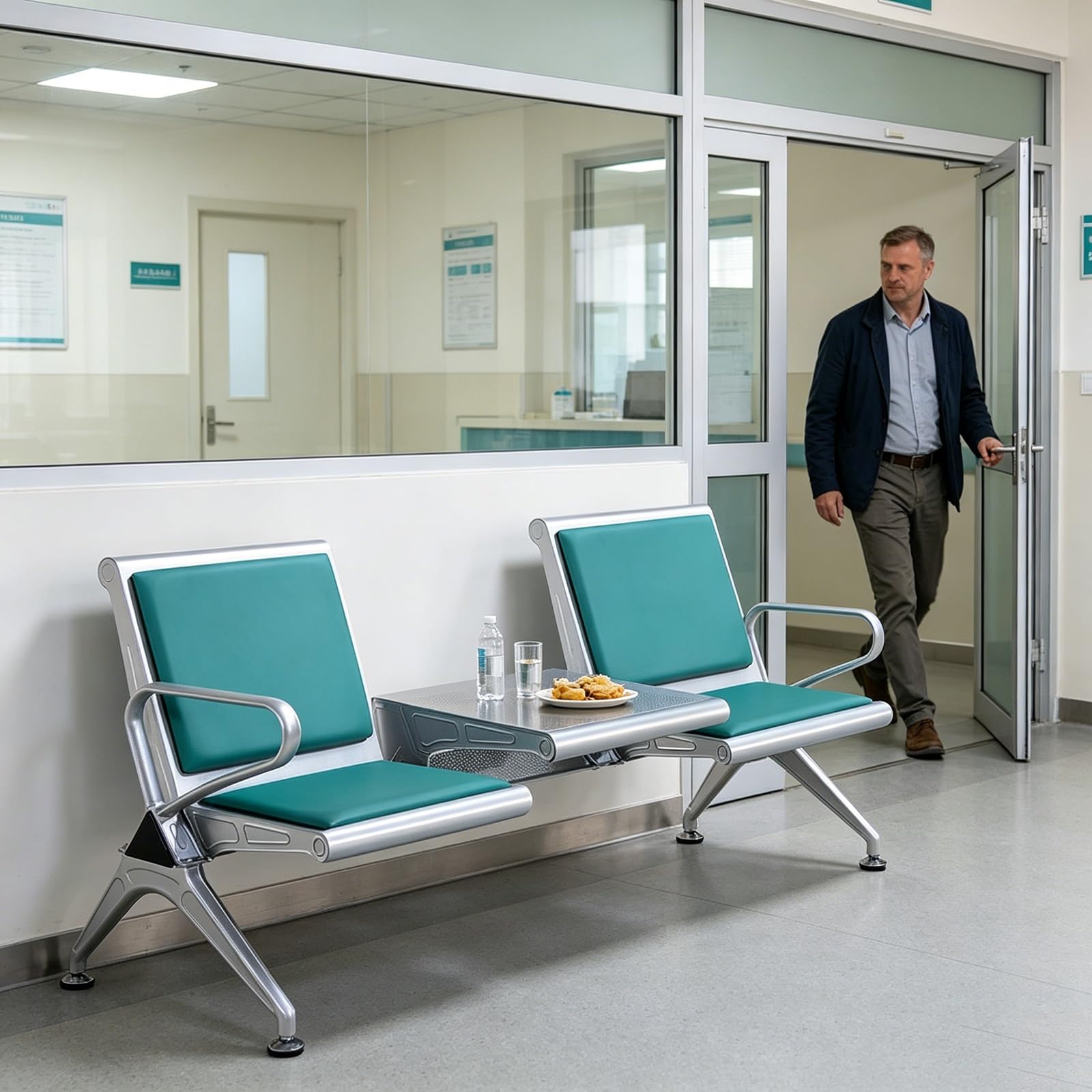 2-Miejscowa Ławka do Poczekalni z PU Skóry z Stołem i Podłokietnikami | Krzesło Recepcyjne dla Gości Biurowych z Oparciem, Metalowe Siedzisko do Poczekalni dla Lotniska, Banku, Szpitala(Black)