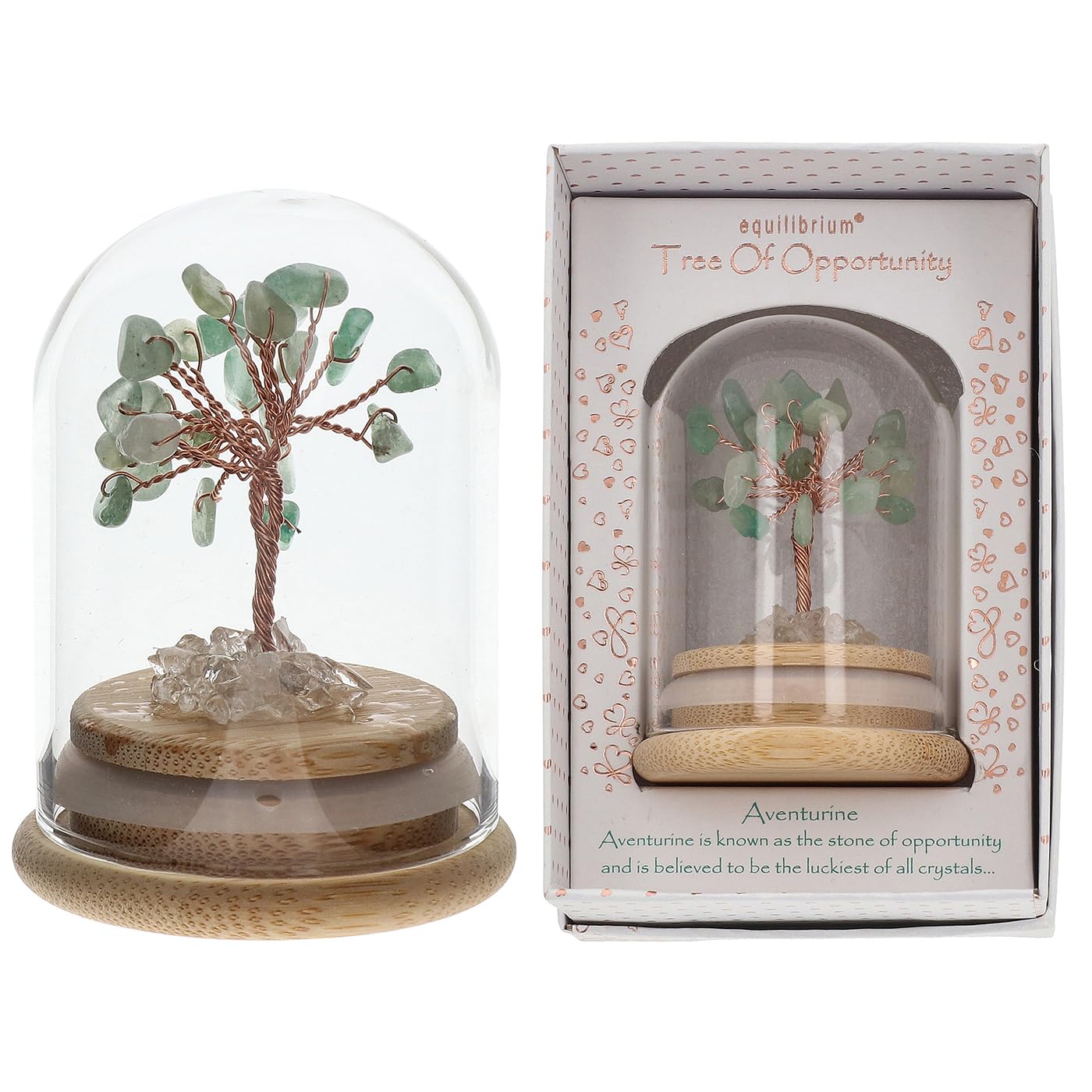Equilibrium Aventurine Chakra Tree In Glass Dome Crystal Gemstone Bonsai Tree With Wooden Base Mixed 7 Chakras Rose Quartz Amethyst Citrine Lapis Lazuli Strawberry Quartz (Aventurine)