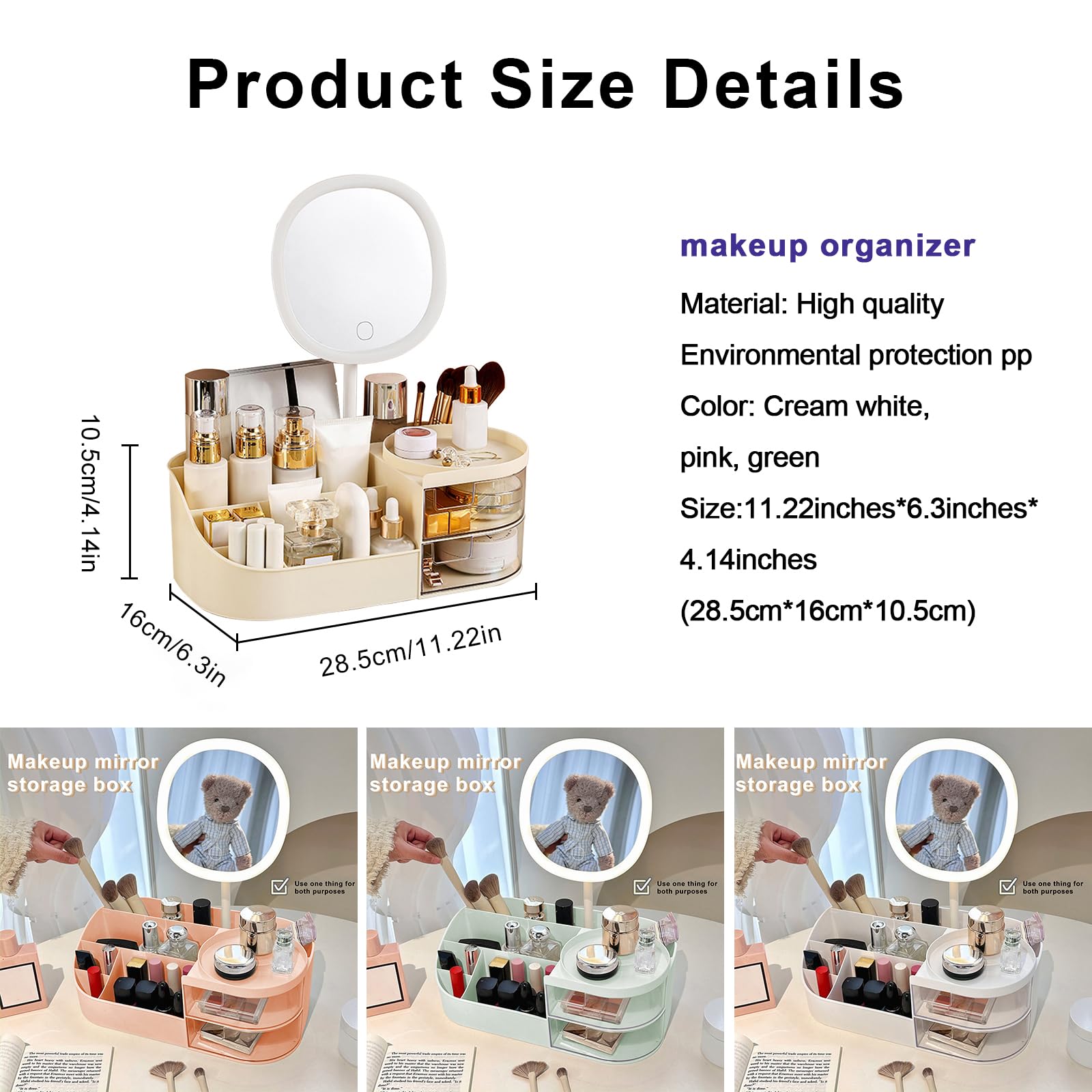 DASITON Rangement Maquillage avec LED Miroir, Rangement Pinceaux Maquillage avec 2 Tiroirs, Rangement Skincare Boite Maquillage Organisateur Cosmétique pour Coiffeuse, Salle de Bain, Chambre (Crème)