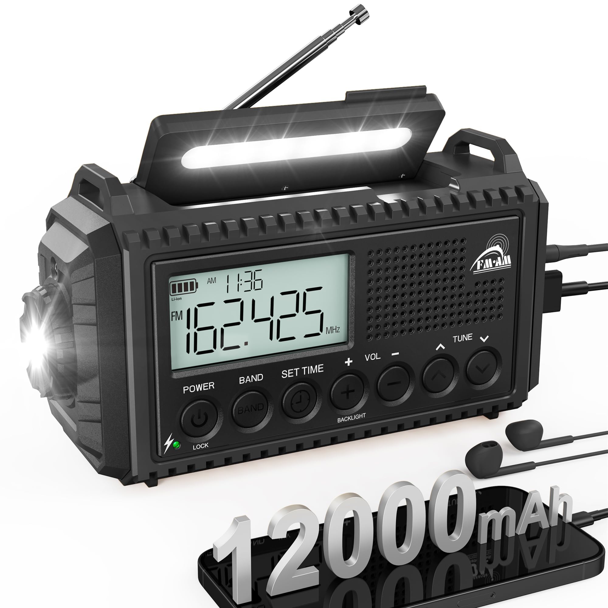 Handbediende Solar Noodradio met AM/FM, 12000mAh batterijaangedreven draagbare radio, opwindbare transistorradio met telefoonoplader, SOS-alarm, zaklamp voor overleving