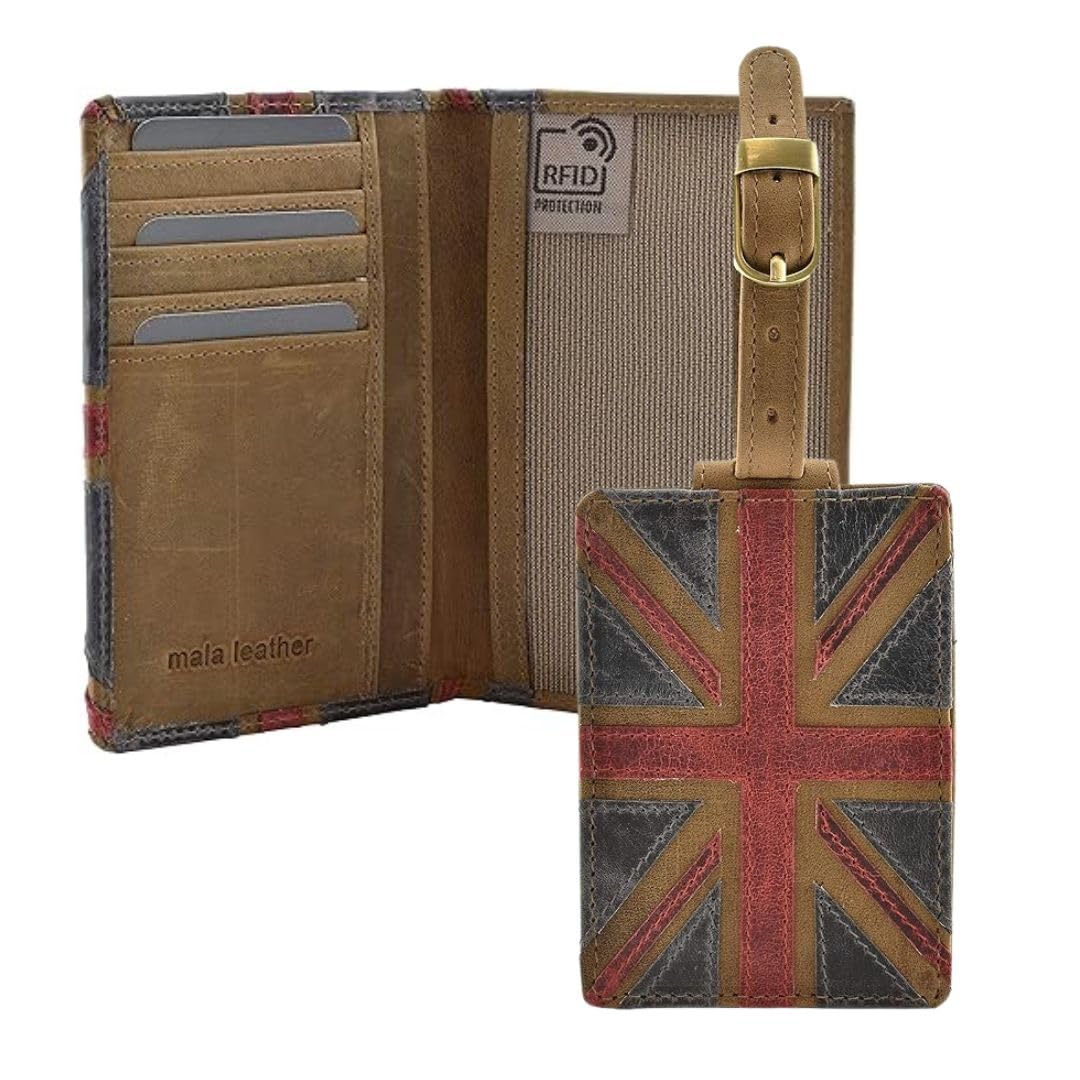 Mala Leather Union Jack pokrowiec na paszport i etykieta bagażowa zestaw upominkowy 100% prawdziwa skóra z pudełkiem prezentowym - brązowy - 20 × 21,5 cm