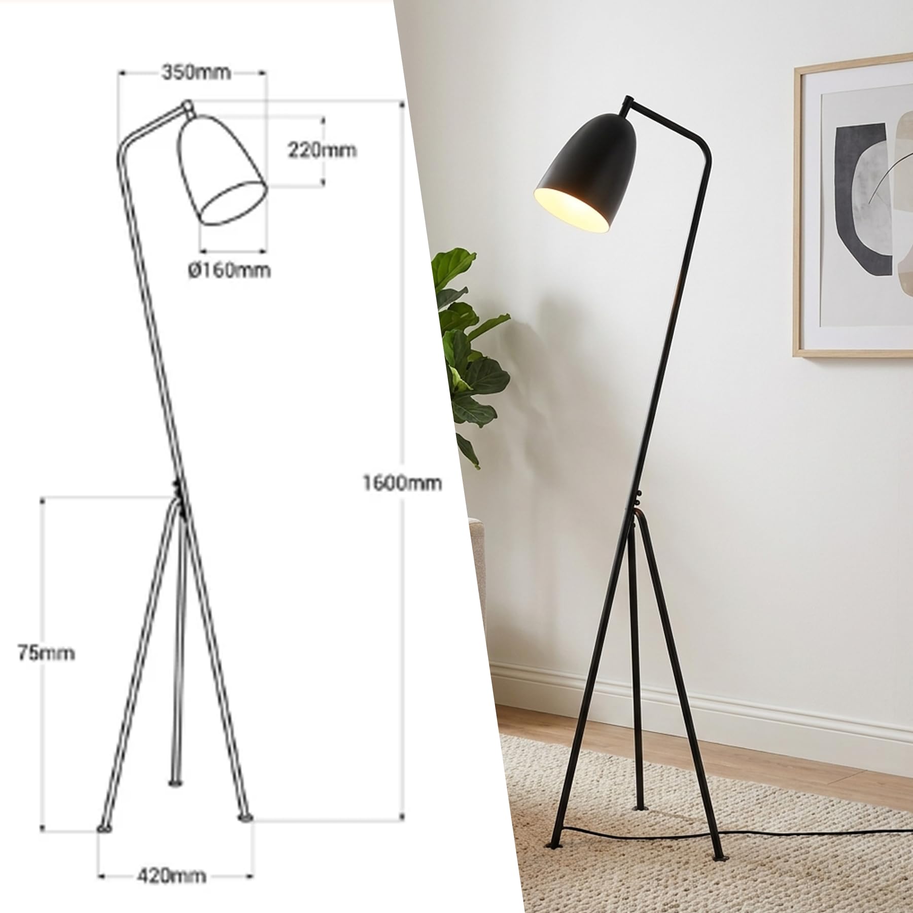BARCELONA LED Lámpara de Pie Negra “Shoppen” Trípode 160cm, Lámpara de Suelo Negra Estilo Mid Century Nórdico Industrial, Pantalla Orientable E27, Diseño Moderno para Salón Dormitorio