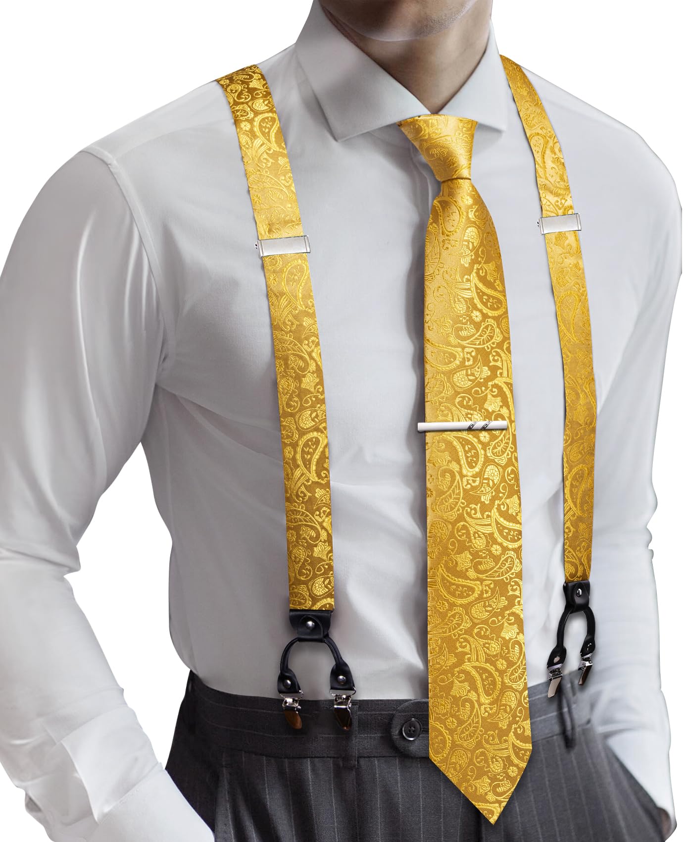 Barry.Wang Men Suspender Tie Sets Elastic Heavy 6 Clips Hanky Cufflink 5PCS | Classic Suspender Set for Man Necktie Y Type Adjustable Heavy Duty 6 Clips Braces Pocket Square Cufflinks Party