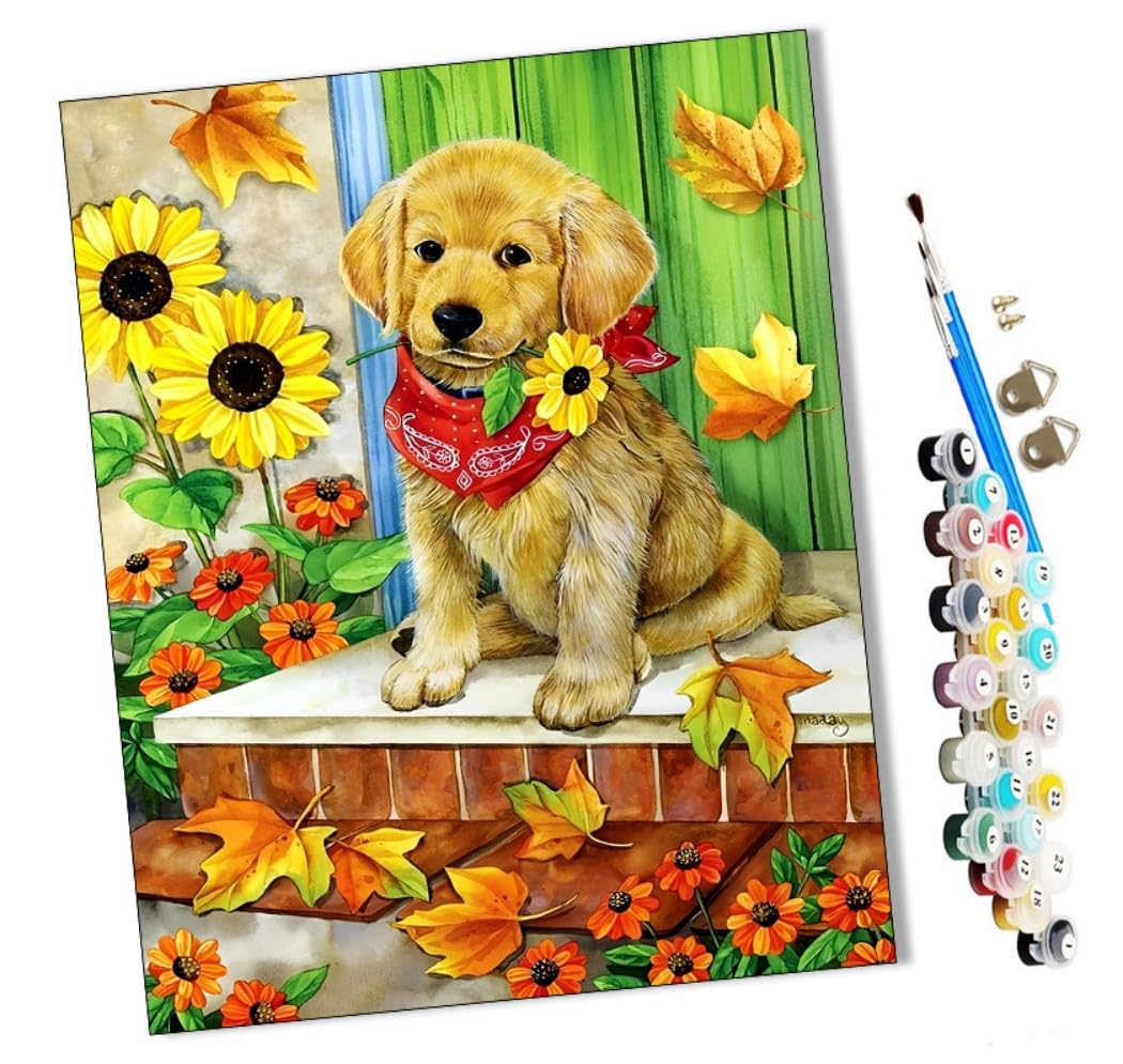 Wmzpoy Golden Paint By Numbers Kits For Adults Sunflowers And Retriever Puppies With Brushes And Acrylic Pigment Diy Digital Canvas Painting For Adults Beginner-16X20 Inch Frameless