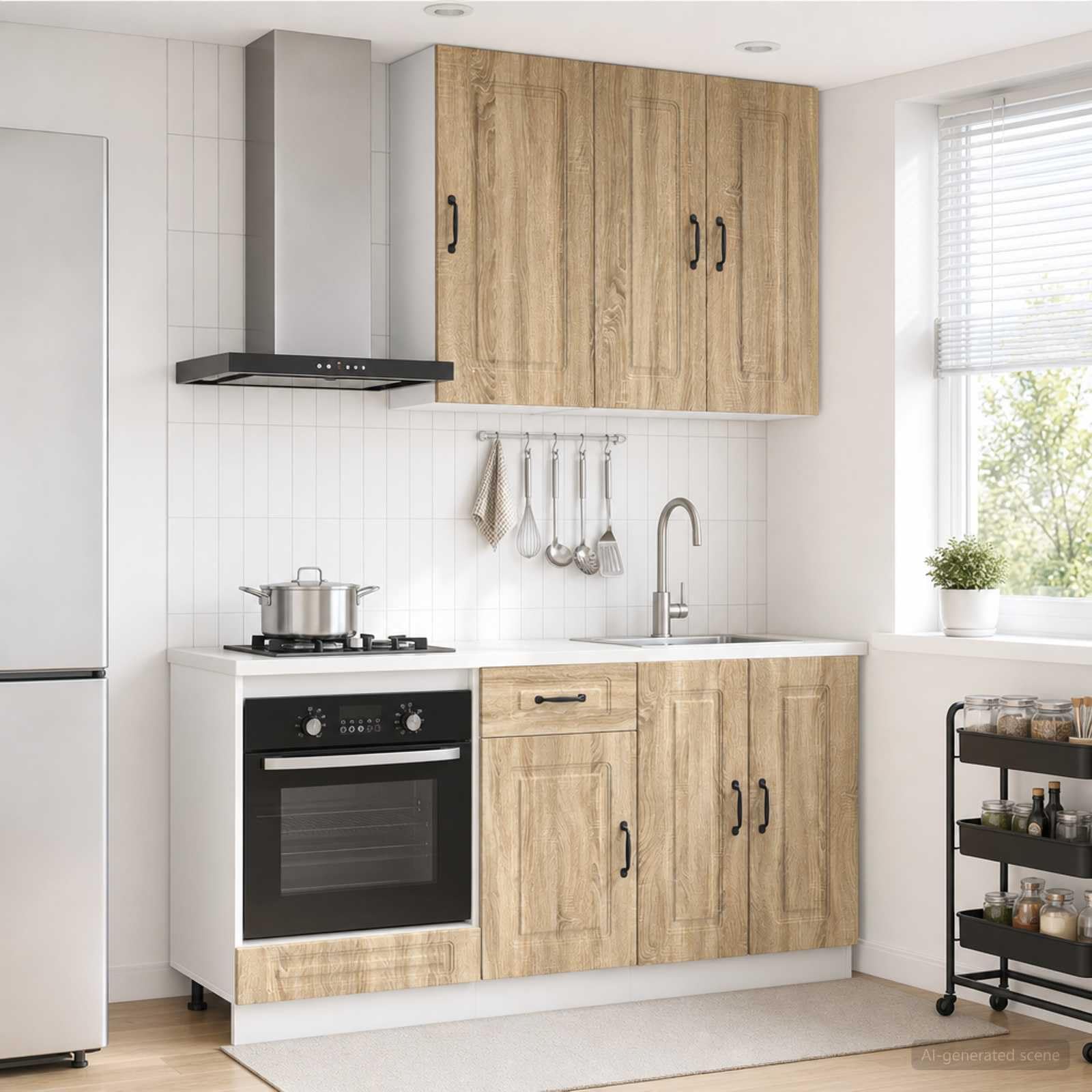 Kalmar - Mobile da cucina in rovere Sonoma, 5 pezzi, con armadietto sospeso, sottostruttura, cassetto e piedini regolabili per spazio e zona cucina, con ripiani regolabili