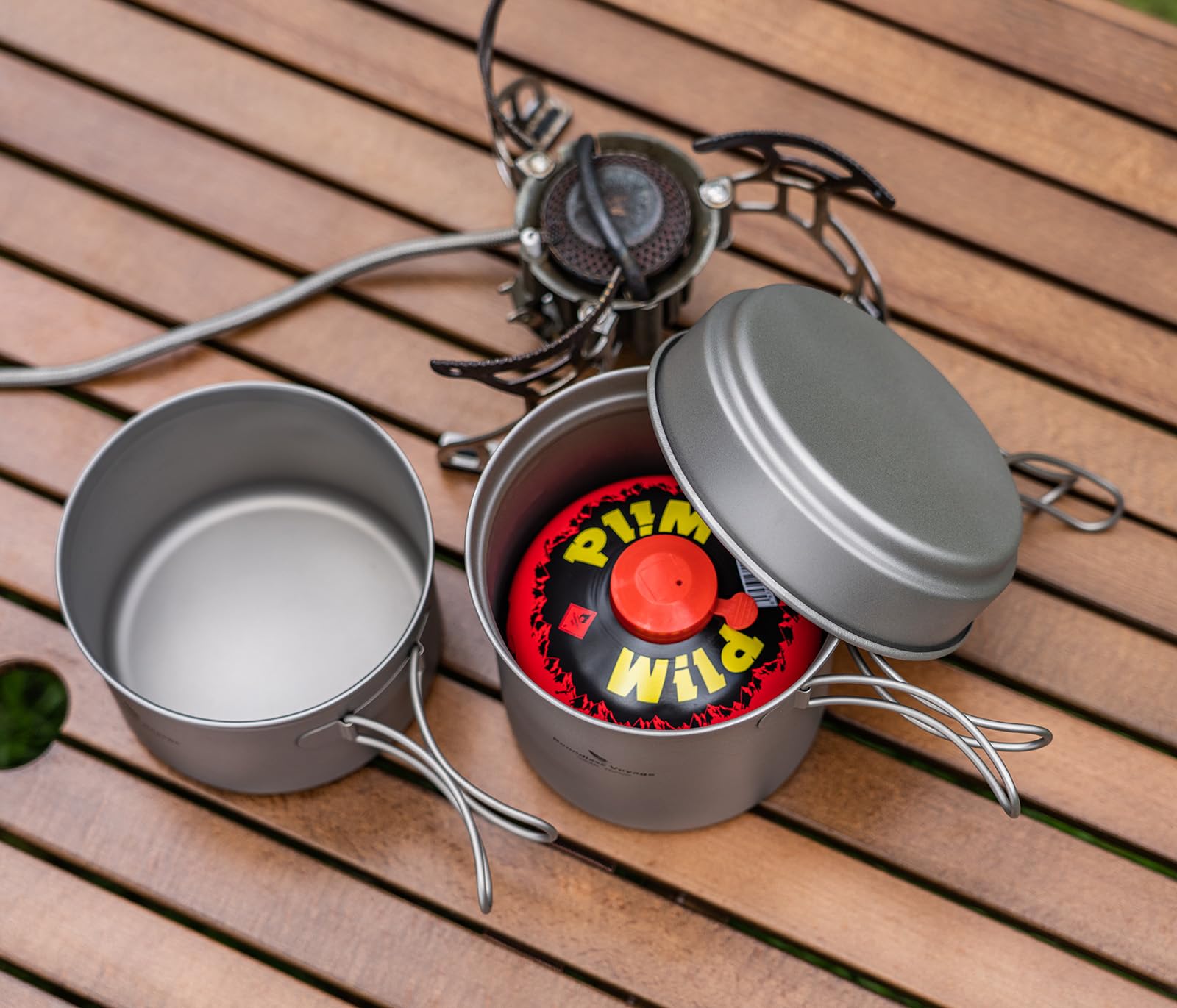 iBasingo set met titanium pot en pan, kookgerei voor kamperen, buiten, lichtgewicht set met kookgerei, draagbaar tafelgerei voor wandelen, picknick, eetgerei met vouwbaar handvat, eenpersoons, Ti2042C