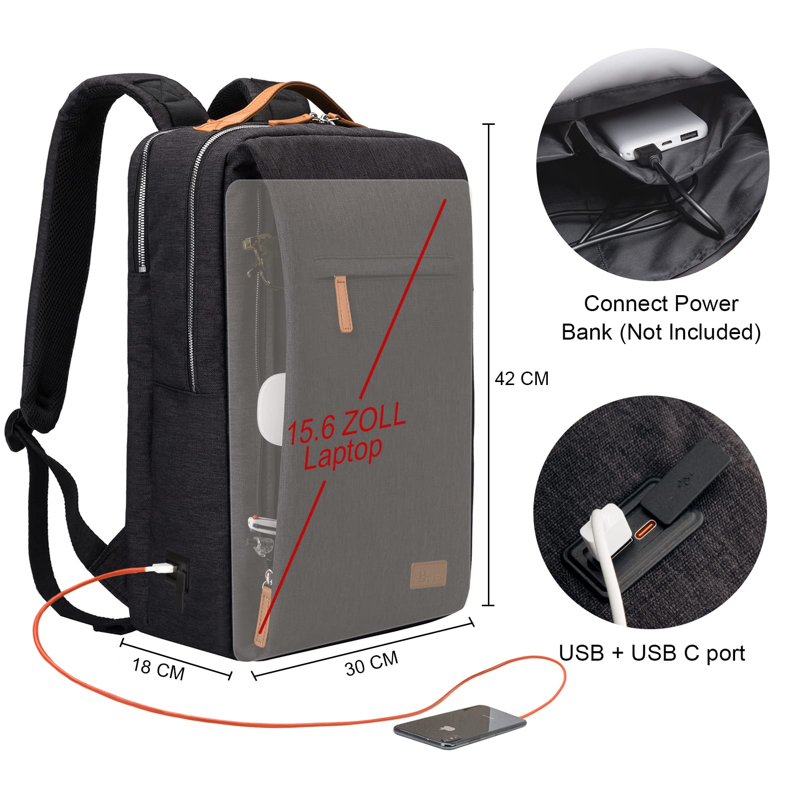 Hp hope Zaino da lavoro per uomo, zaino impermeabile da donna per zaino da scuola per laptop da 15,6 inch con porta di ricarica USB, zainetto antifurto da 22 litri per viaggi di lavoro, escursioni