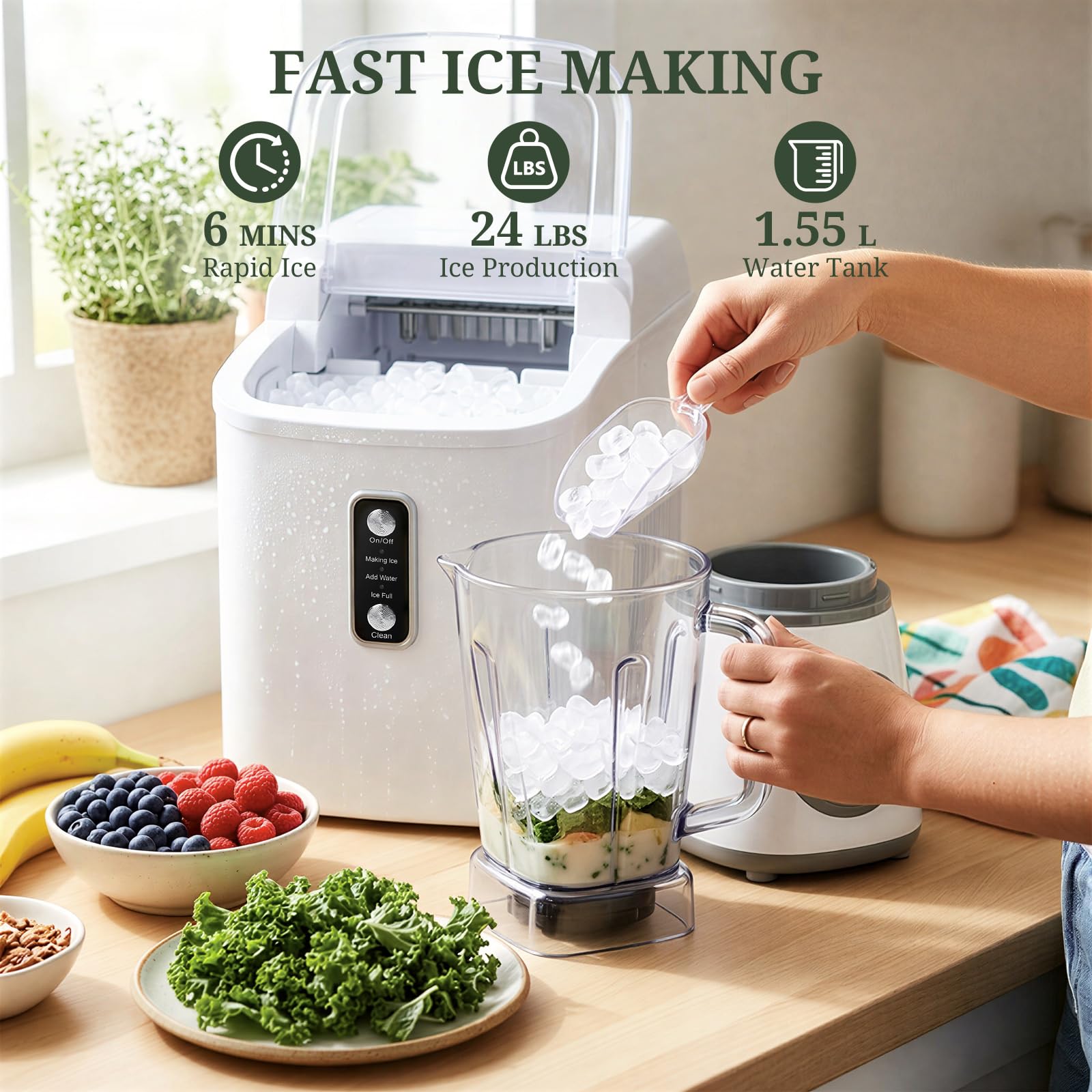 Nugget Ice Maker Countertop, 6-Min Fast Chewable Pellet Ice, 24lbs/24h Portable Ice Machine With Self-Cleaning, Ice Full & Low Water Indicator, Basket & Scoop For Home, Party, RV, Camping (White) on Fridge.com - View 2