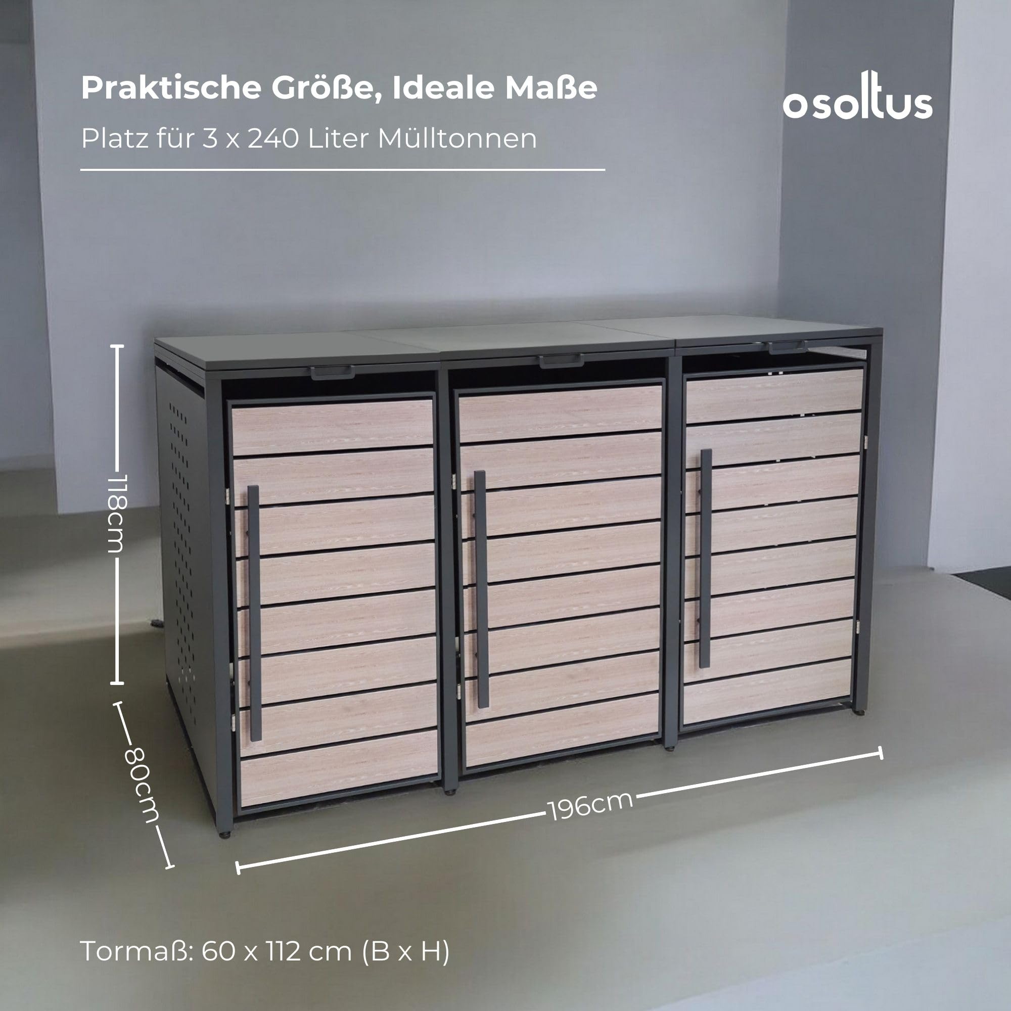 Mülltonnenbox 3 x 240L Mülltonnen oder Kleiner in Anthrazit & Holzoptik | Müllcontainer für 3 Tonnen wetterfest abschließbar | Abfallbehälter | Tonnenhaus | Müllbox