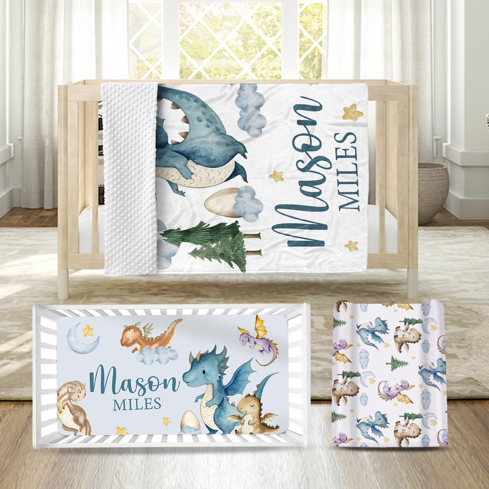 HSHRYY Custom Nursery Crib Bedding Set - Personalized Nursery Decor Baby Blanket Fitted Crib Sheet Changing Pad Cover Baby Room Rug Blue Dinosaur Pattern Gift Idea – A Fun Touch for The Nursery