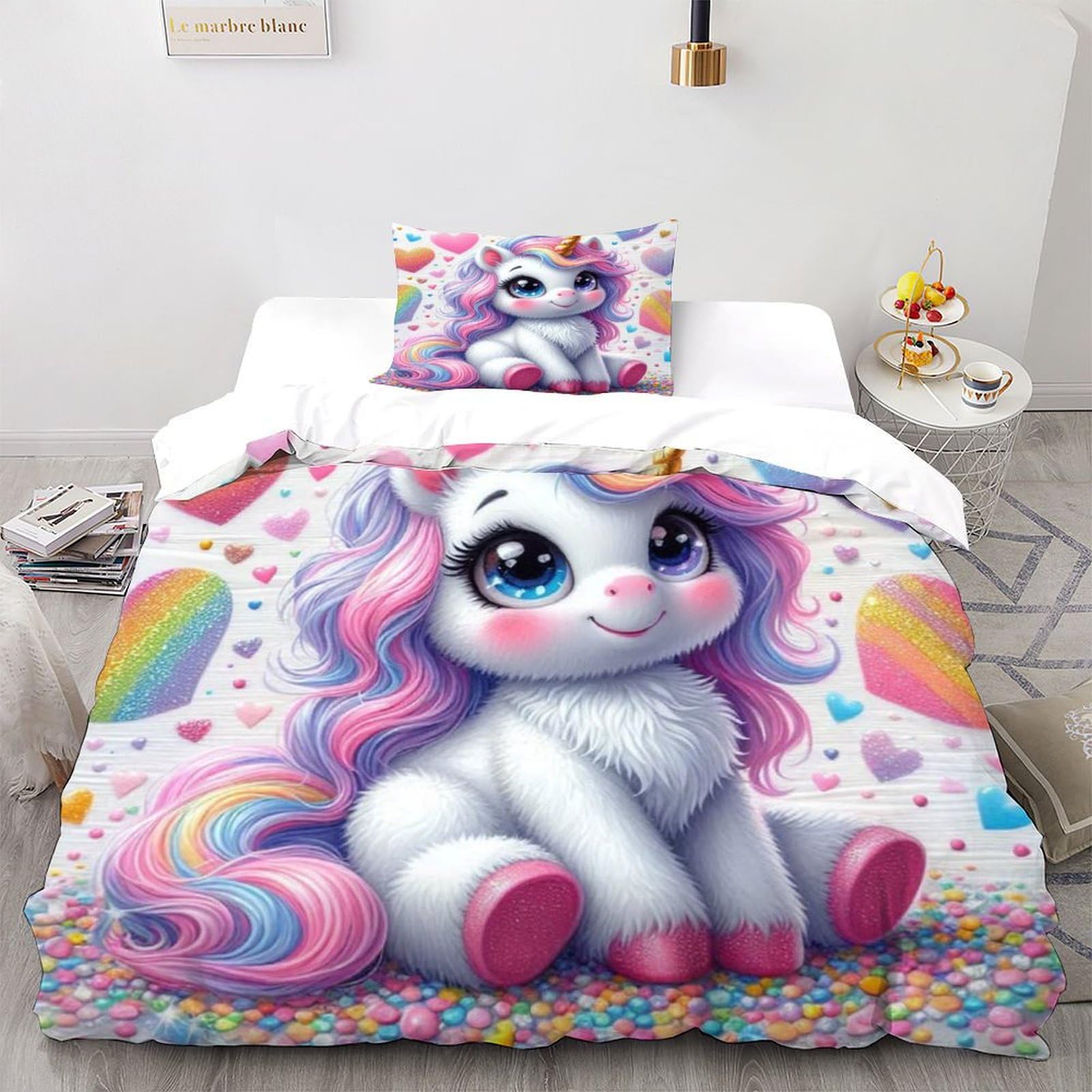 Anime Unicornio 2 Piezas Animales Lindos 3D Adolescentes Antialérgico Ropa De Cama Edredón De Algodón Single（135x200cm）