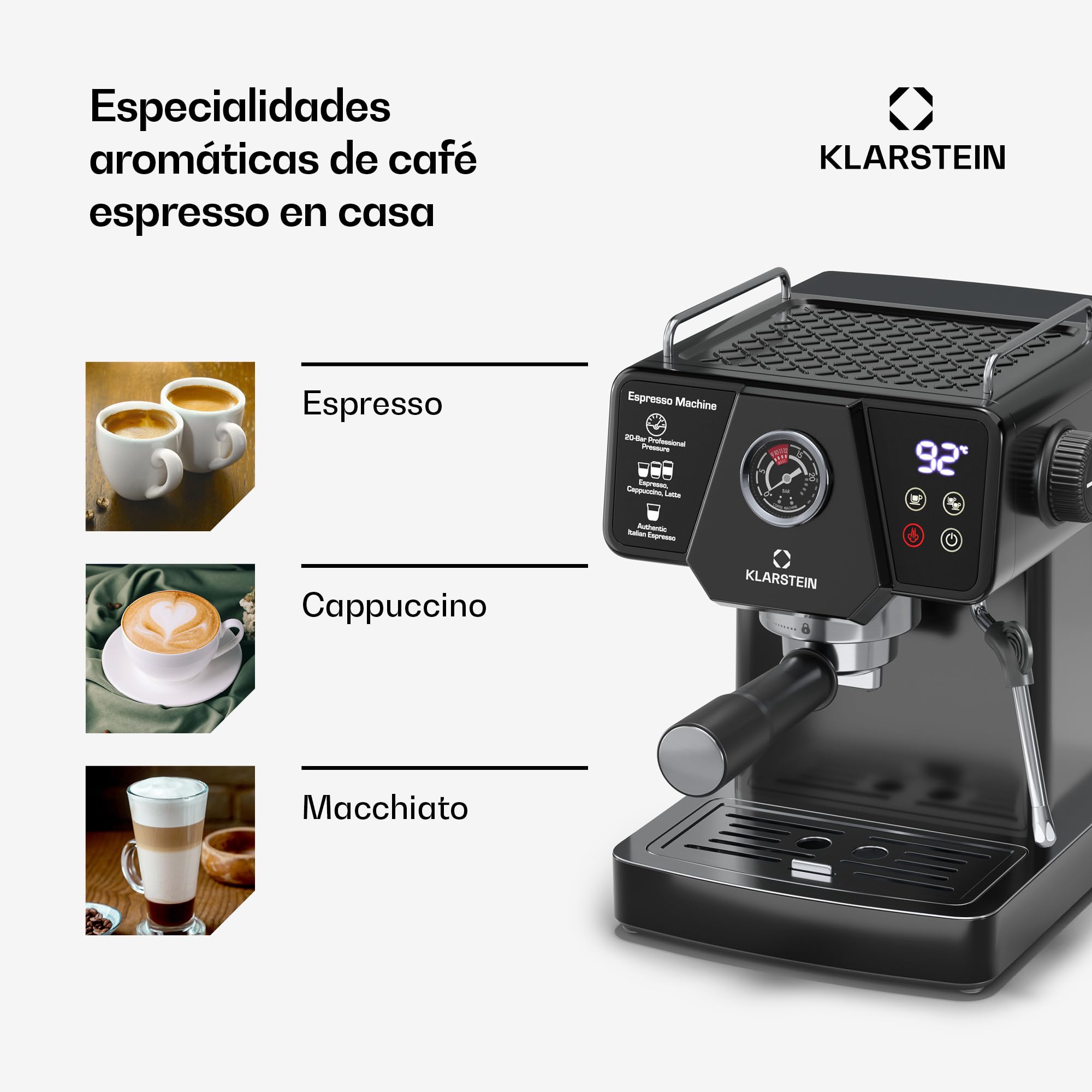 KLARSTEIN Libeica Cafetera Espresso – 19 Bares, 1350W, Acero Inoxidable, Boquilla de Vapor, Depósito 1,8L, Panel Táctil, Para Café Molido y Exprés, Diseño Elegante