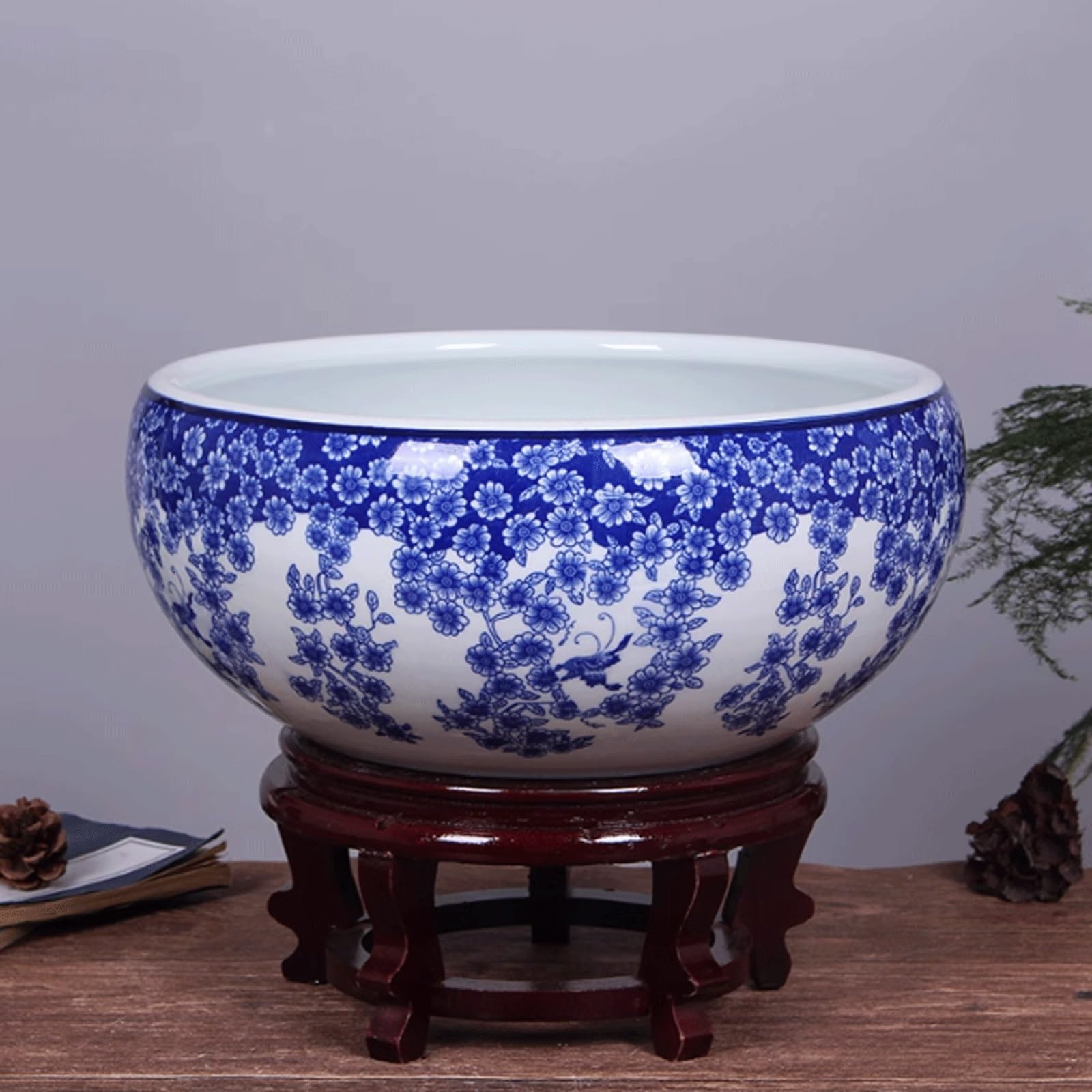 Doniczka Doniczka hydroponiczna do roślin sukulentowych, ceramiczna doniczka Jingdezhen z motywem lotosu, doniczka z podstawką, niebiesko-biała porcelana, dekoracyjne akwarium Balkonowego(50x23cm)