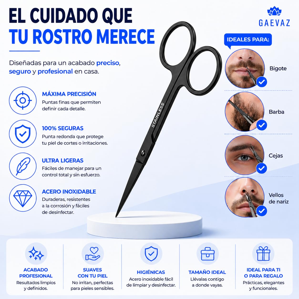 2 Tijeras Pequeñas de Acero Inoxidable para Vello Facial – 1 Punta Curva y 1 Punta Redonda – Cejas, Nariz, Oídos, Cutículas, Uñas, Barba y Bigote (Negro)
