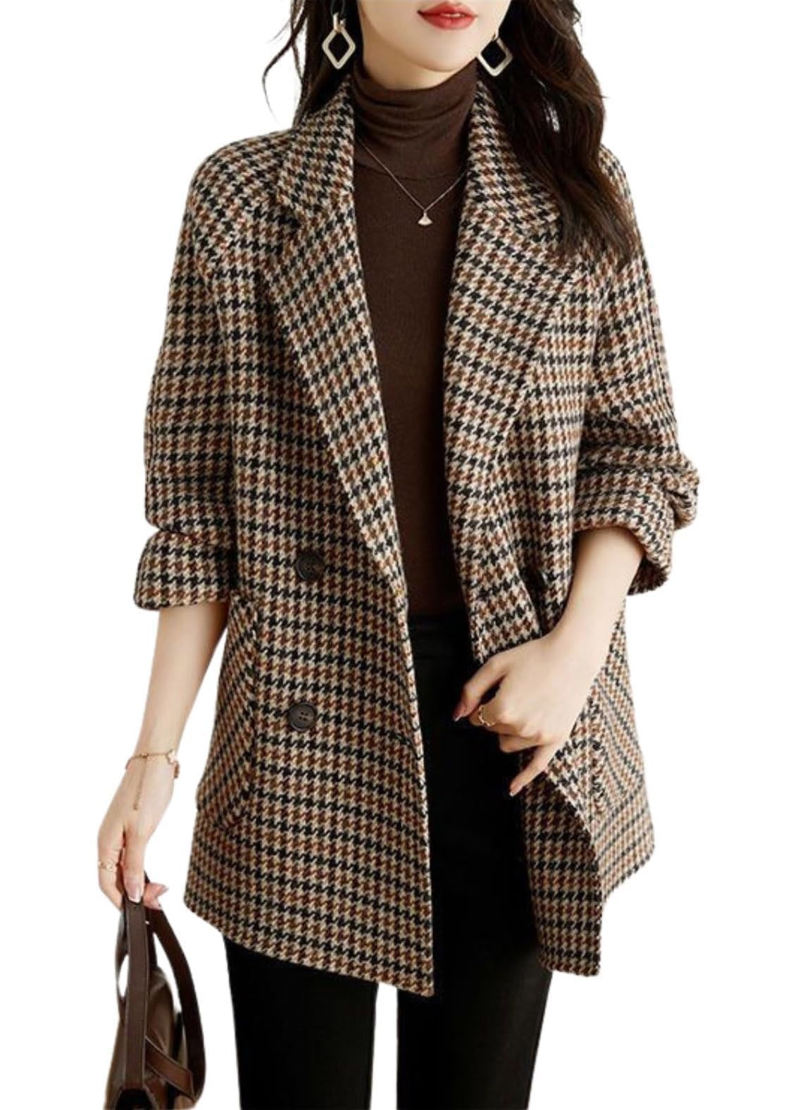 Generisch Women's Autumn Winter New Lapel Houndstooth Wool Coat Women's Fleece Lind, Fashion And Warm Ladies Wool Coats