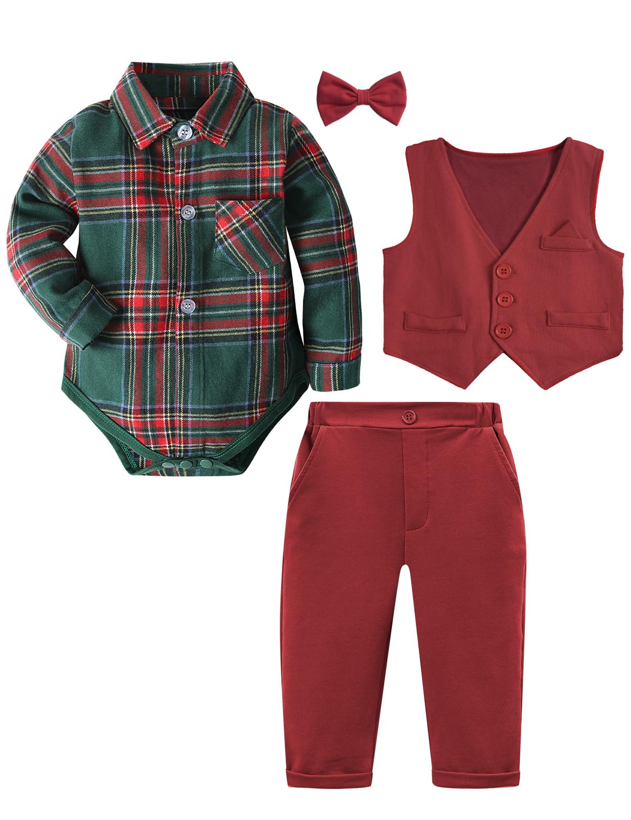 mintgreen Costume Noël Bebe Garcon, Mariage Gentleman Body Gilet Vêtements Ensemble, Vert & Rouge, 3-6 Mois, 60