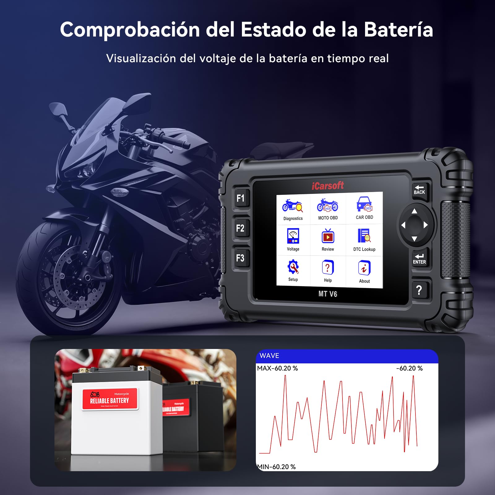 iCarsoft MT V6 para Honda Moto, Herramienta de Diagnosis de Sistema Completo, 7 Servicios, Lector de códigos de Motor con Vin automático, Prueba de batería y actualización de por Vida.