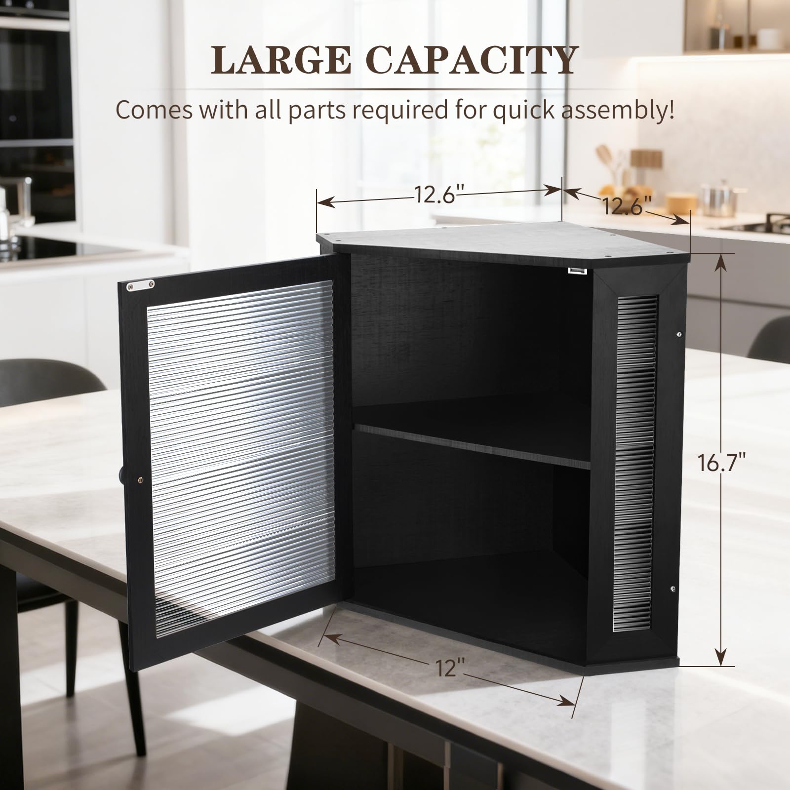 Panera esquinera extra grande – Panera de bambú para encimeras de cocina, almacenamiento y organizador de pan de cocina de gran capacidad con ventana ondulada acrílica corrugada (negro)
