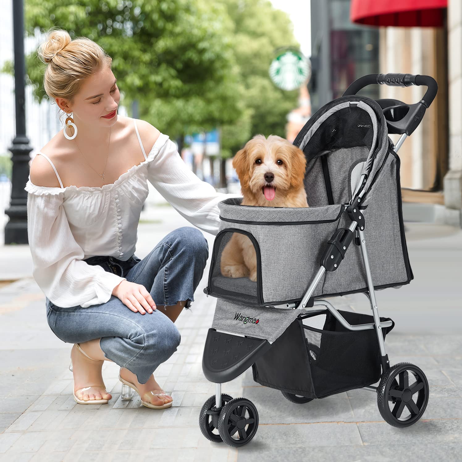 Passeggino per Cani con Freni a Mano Singola e Copertura Antipioggia [Capacità 15KG] - Carrello Pieghevole per Animali Domestici, Carrozzina con Ruote Sicure (Ideale per Viaggi), grigio