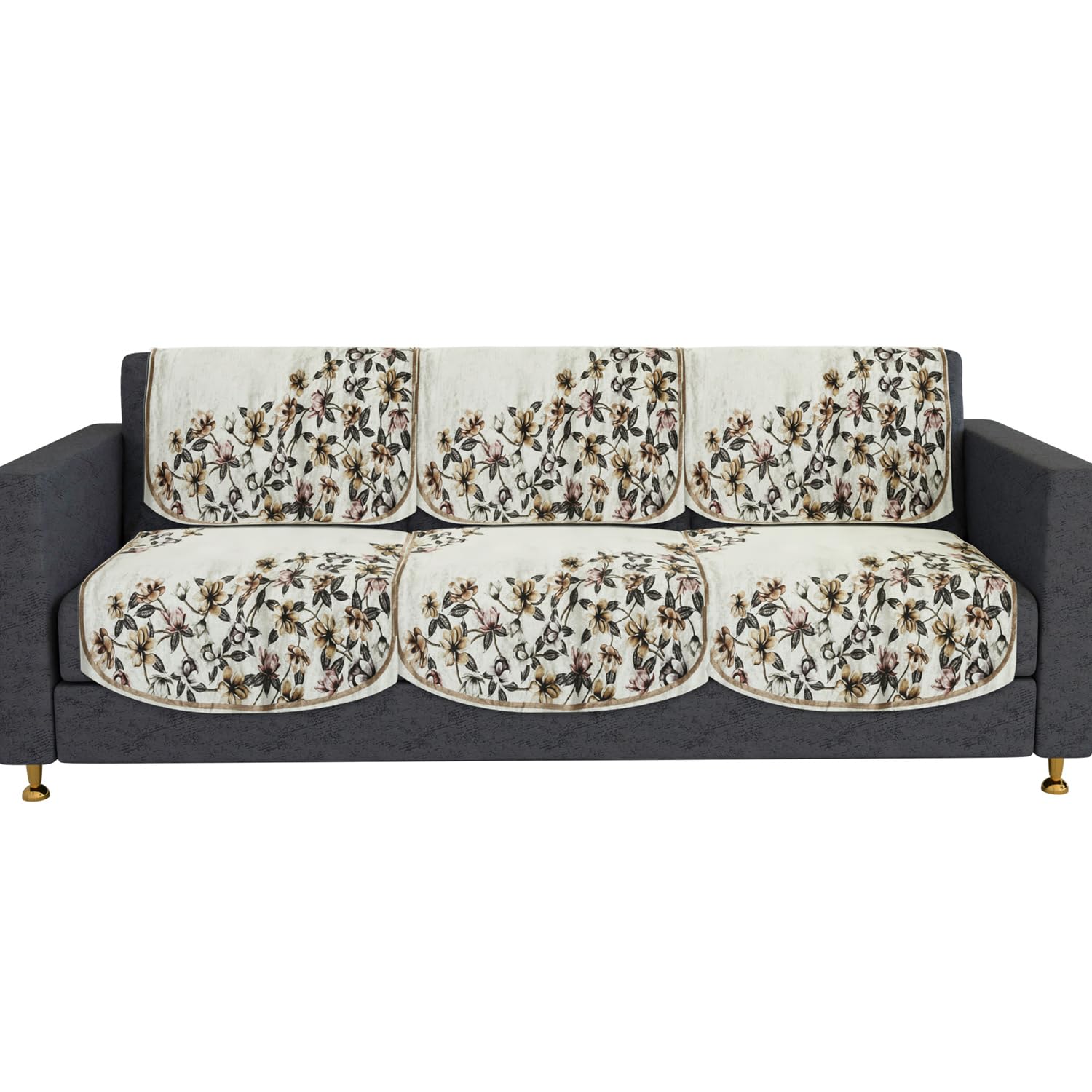 Kuber Industries Velvet 3 Seater Sofa Cover | Cream Side Flower | Sofa Slipcover Set | Sofa Cover for Living Room