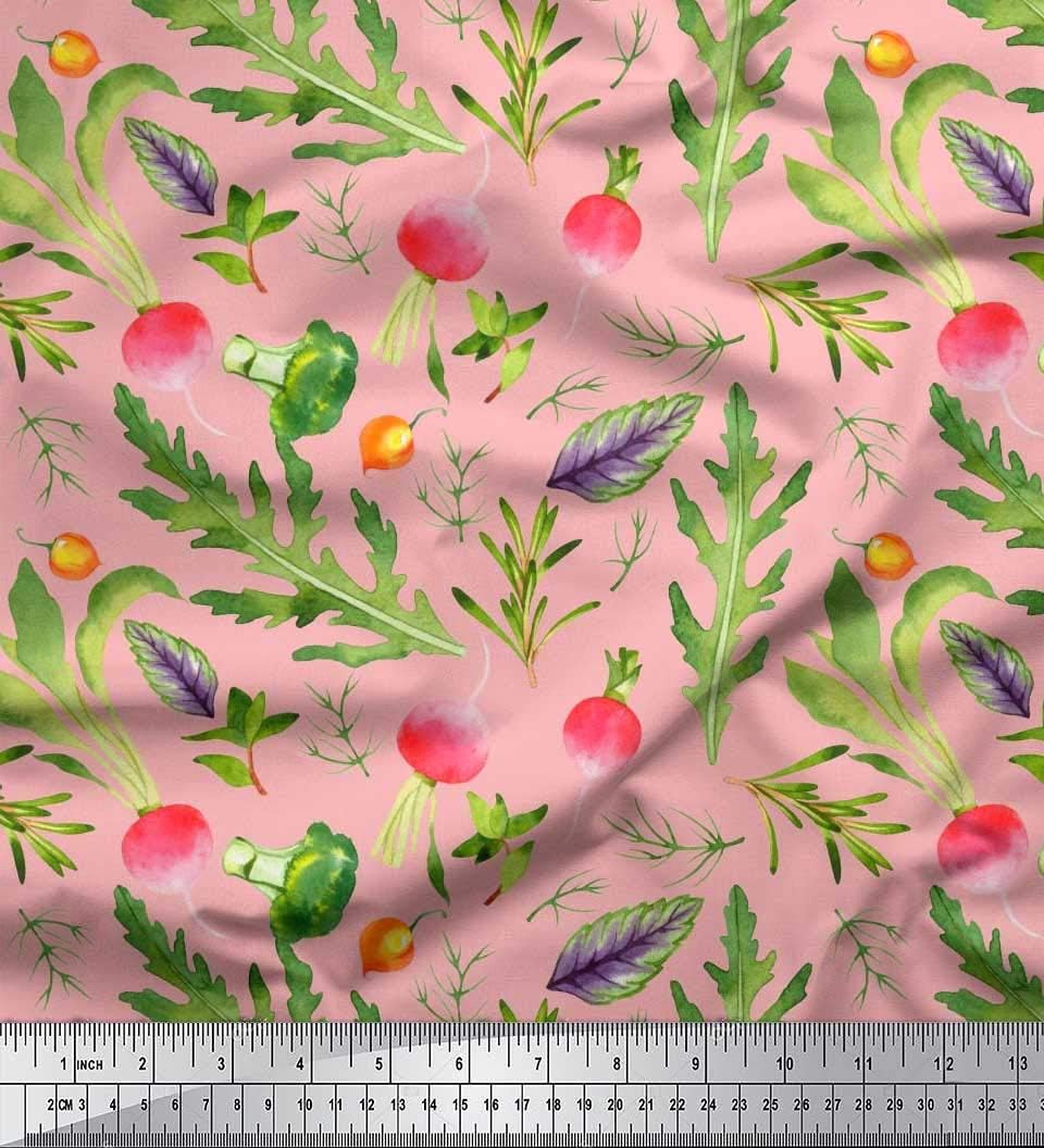 Soimoi Rayon Pink Fabric - by The Yard - 56 Inch Wide - Leaves, Turnip & Broccoli Vegetable Harvest Material - Fresh and Nutrient-Rich Patterns for Kitchen Decor Printed Fabric