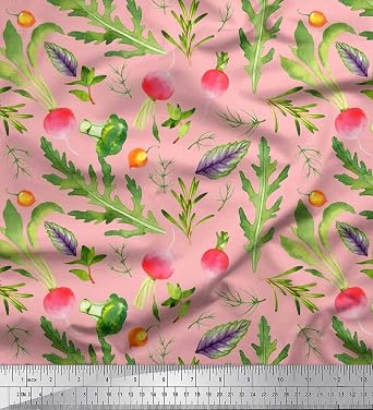 Soimoi Georgette Viscose Pink Fabric - by The Yard - 42 Inch Wide - Leaves, Turnip & Broccoli Vegetable Harvest Material - Fresh and Nutrient-Rich Patterns for Kitchen Decor Printed Fabric