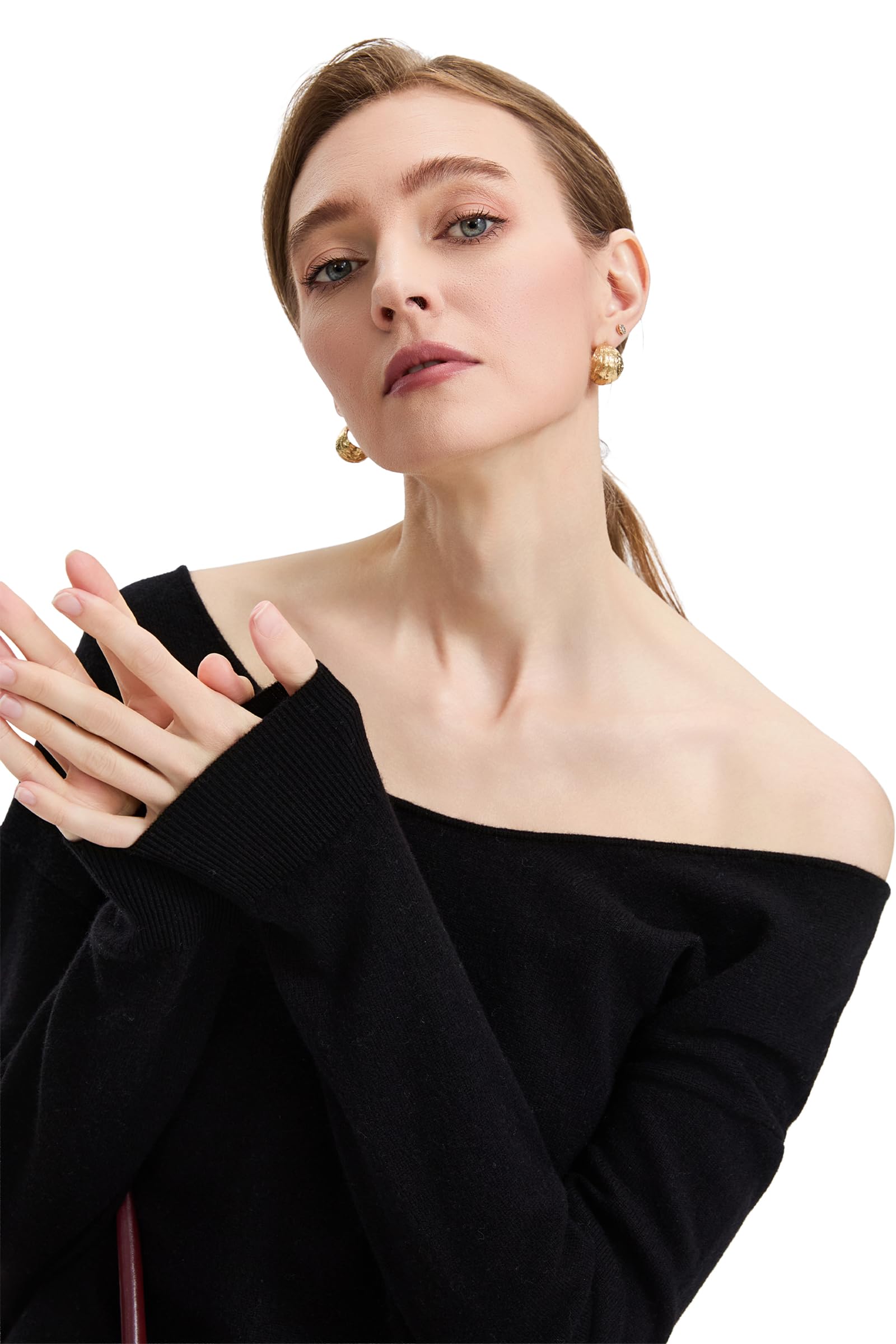 Damen Pullover 100% Merinowolle mit wendbarem U-/V-Ausschnitt | 2-wege,Wendepullover,Elegant,Wollpullover,Off-shoulder,Feinstrick,Langarm,Oversize, Herbst, Winter, Casual,Klassisch oberteil