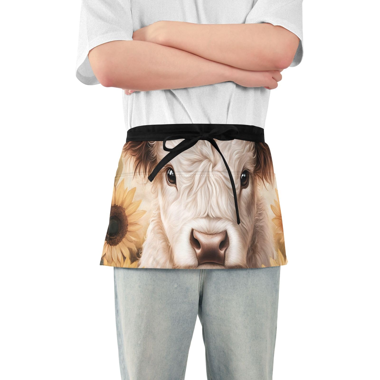 ODAWA Cute Highland Cow Sunflowers Women's Aprons with Pockets Waterdrop Resistant Server Apron