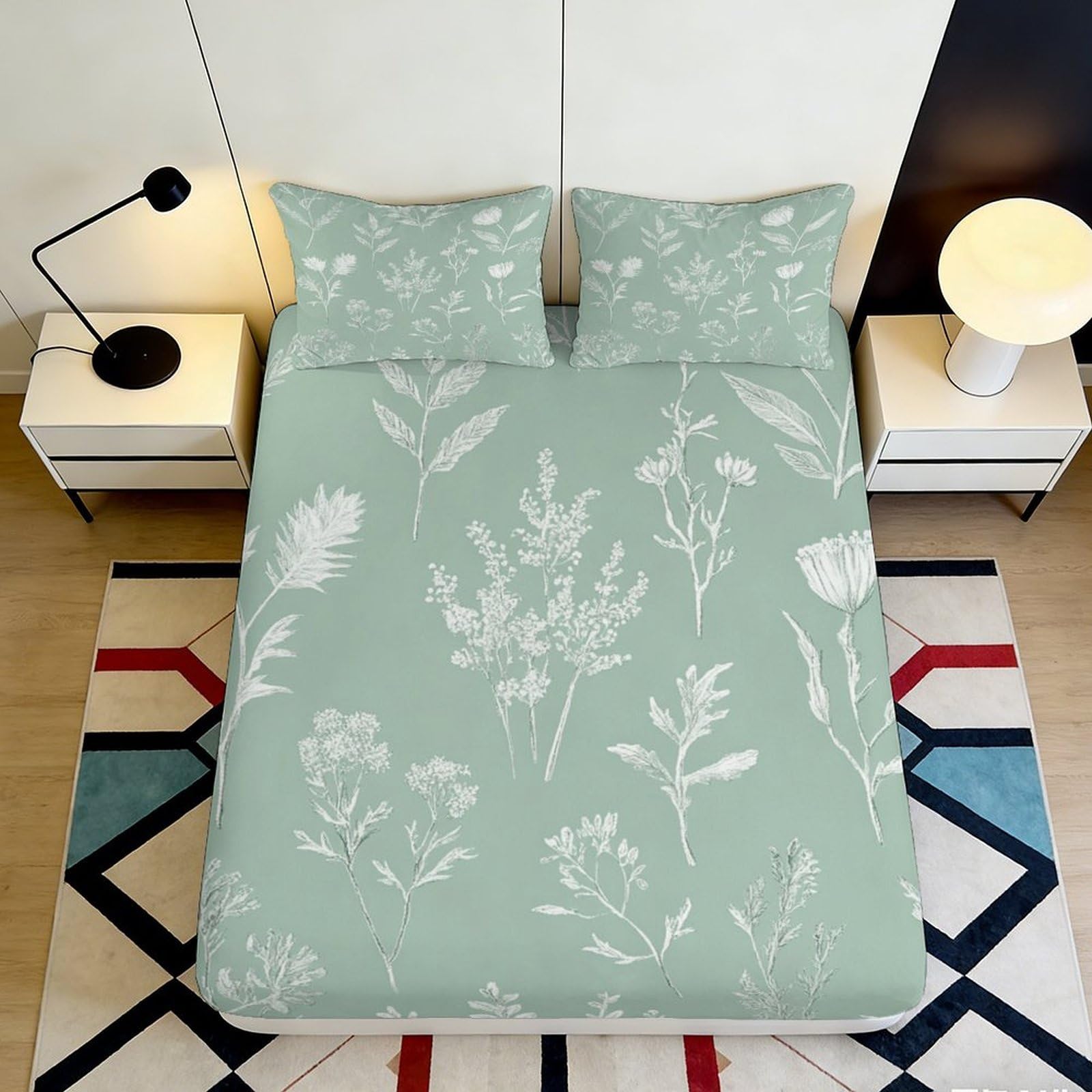 3D Printed Botanical Green Fitted Sheet Microfiber Soft Floral Meadow Mattress Cover Non-Slip Washable for Bedroom Guest Room Decor 200x200x25cm