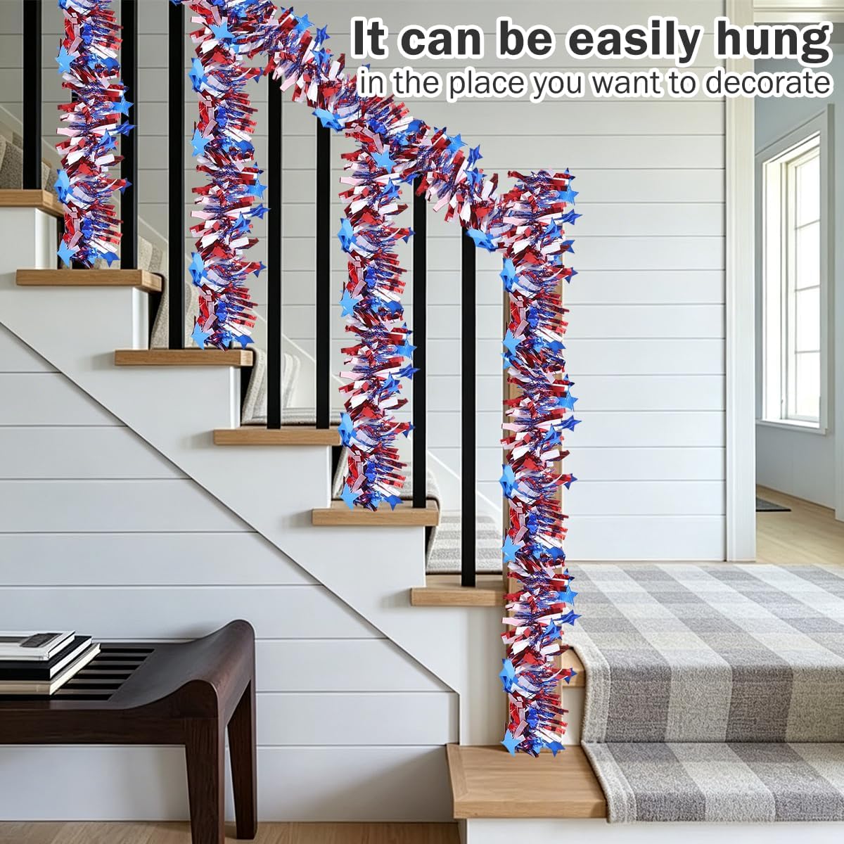 Garland Patriotic Decor Red White Blue Metallic Tinsel with Stars | July 4th Decorations Red White Blue Metallic Tinsel with Stars Christmas Tinsel Garland for Independence Day Memorial Day
