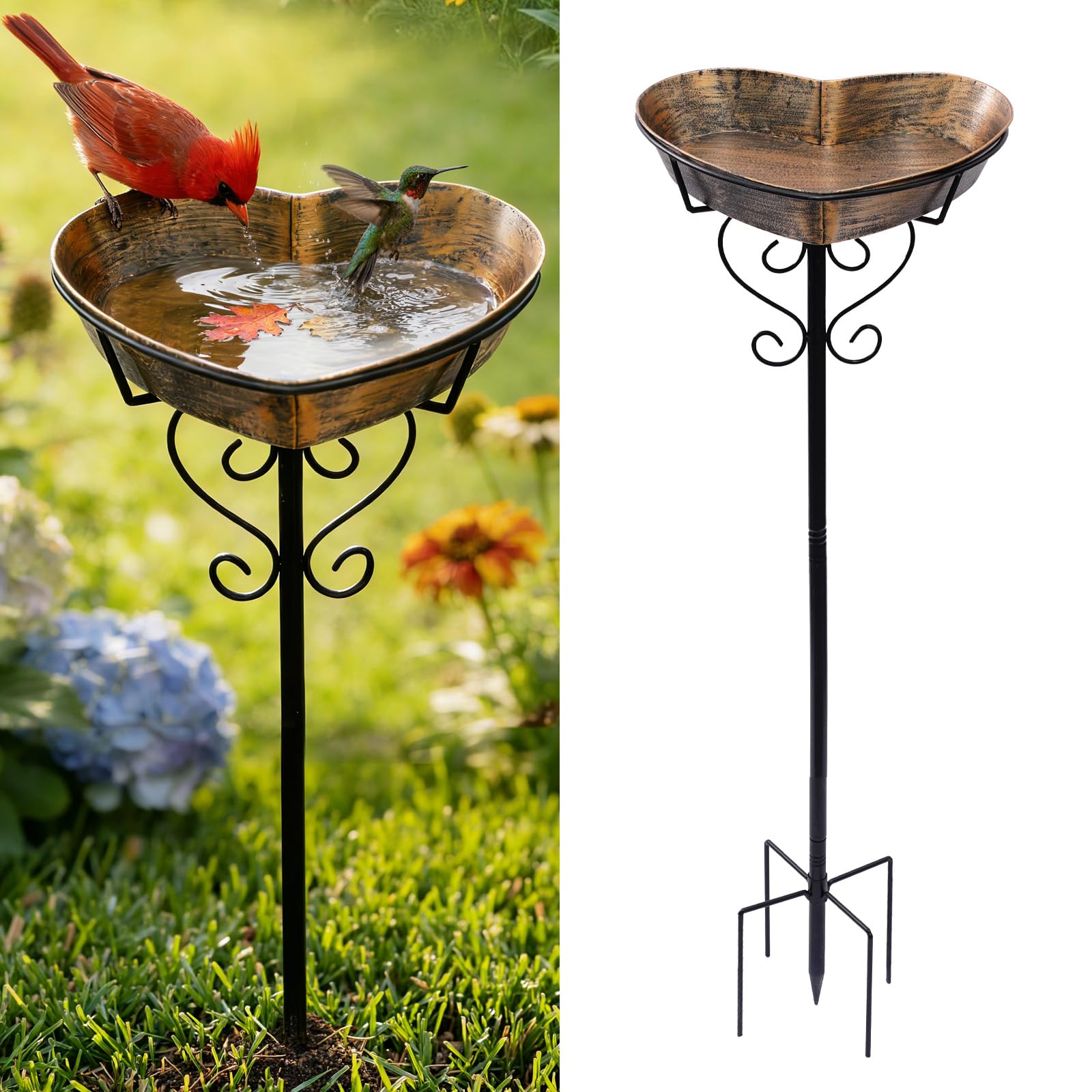 Yeomoo Metal Heart Bird Bath with 5 Prongs Base Stake Rustic 88cm