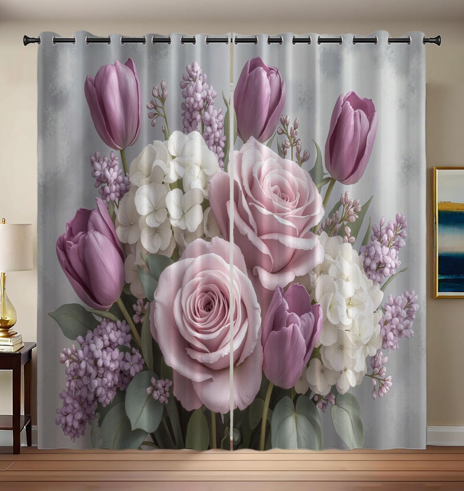 Rideaux fenetre imprimé tulipes violet clair pour une ambiance zen dans votre chambre