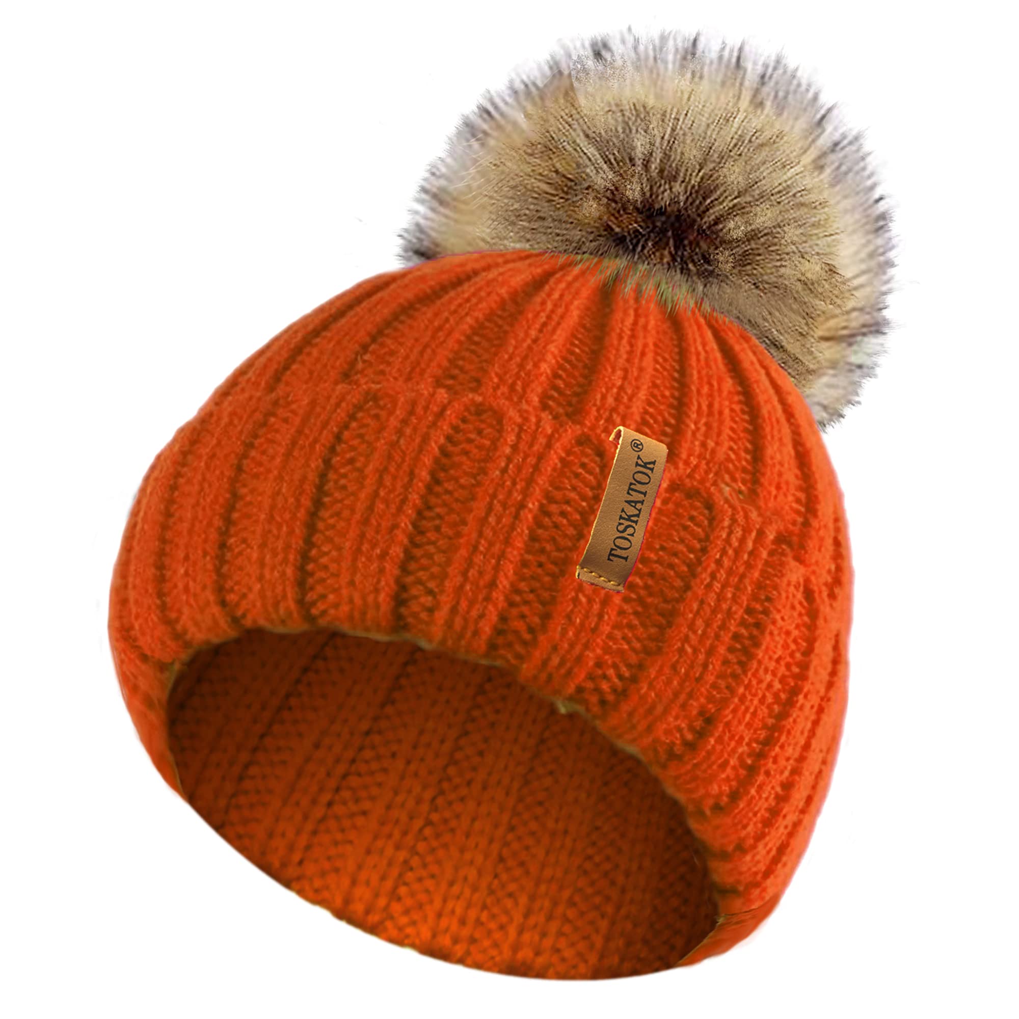 TOSKATOK® Cappello/Berretto Lavorato a Maglia Invernale Donna con Pelliccia Staccabile in Eco-Pelliccia Pesante Pom Pom