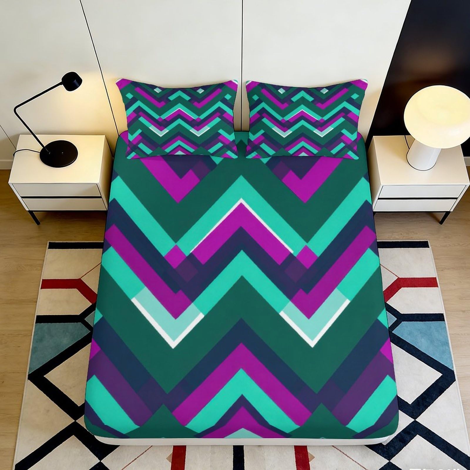 3D Printed Geometric Chevron Fitted Sheet Microfiber Soft Washable Stripe Mattress Cover for Bedroom Dorm Decor 90x200x25cm
