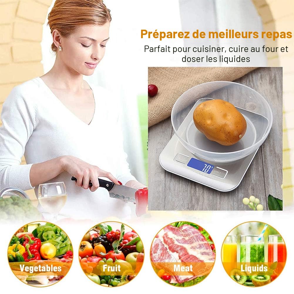 GRIFEMA GA2002 Balance de Cuisine Électronique de Haute Précision 5000g/1g avec Écran LCD Rétroéclairé, 6 Unités et Fonction Tare Acier Inoxydable, Smart Digital, pour Alimentaire Multifonctionnel