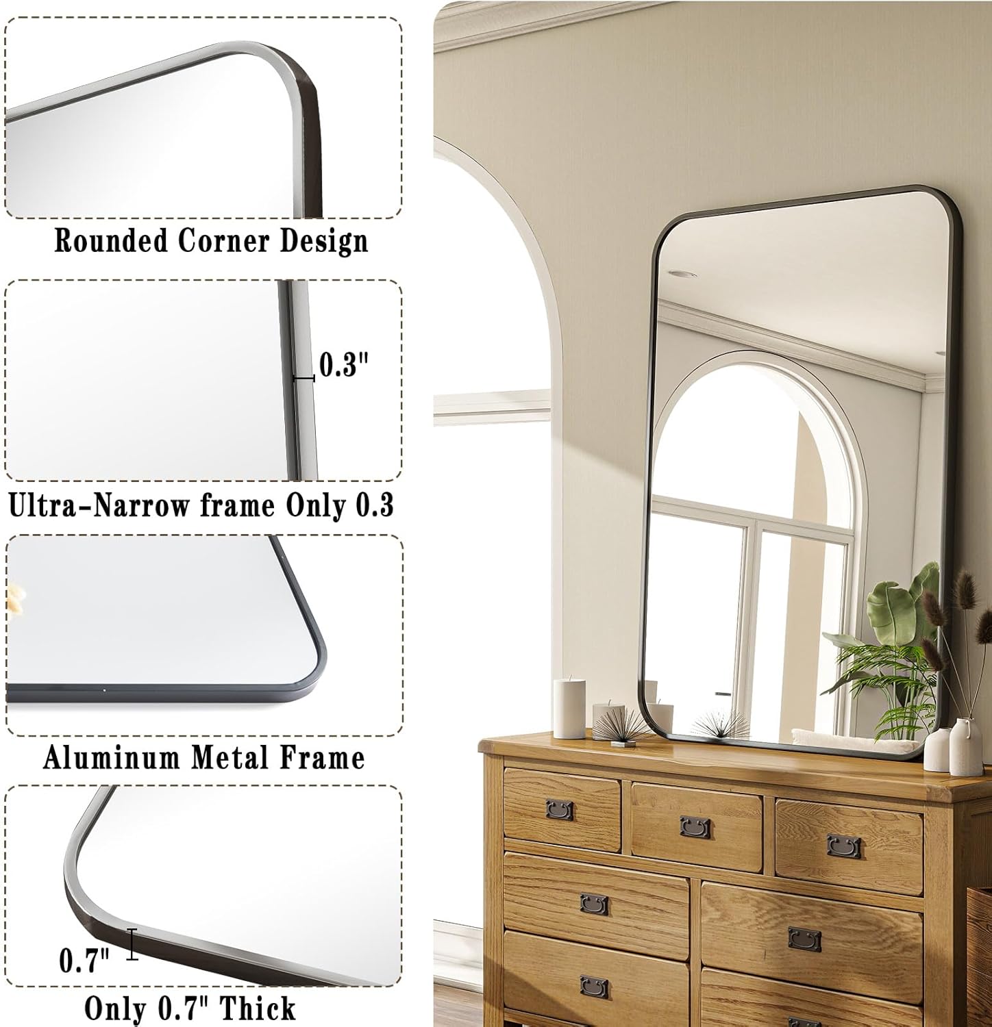 24x36 Inch Bathroom Mirror - Wall Mounted Vanity Mirror with Round Corner Aluminum Alloy Frame, Hanging Horizontally Vertically for Living Room, Bedroom, Hallway as Home Decor, Black