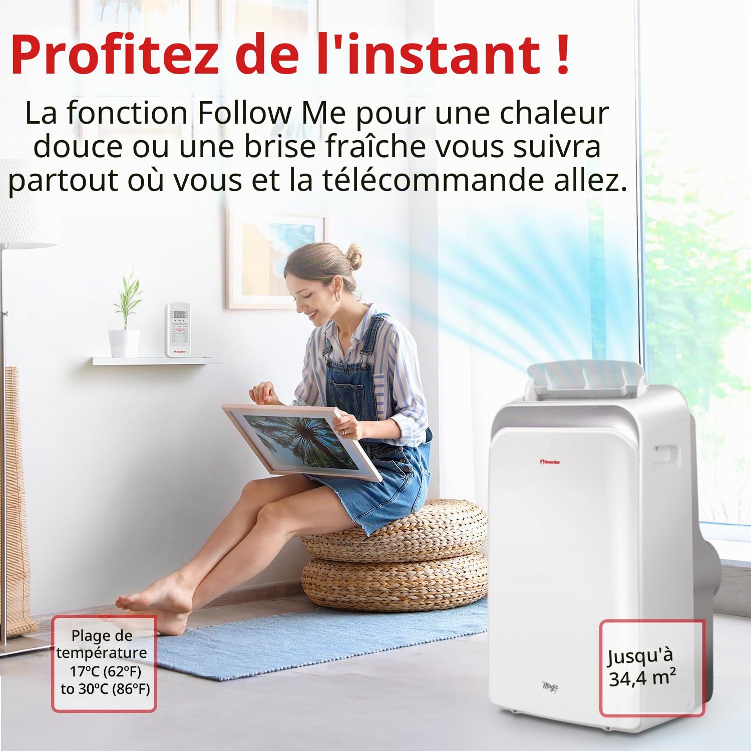 Magic Inventeur Climatiseur portable 12 000 BTU refroidissement, chauffage, déshumidificateur, ventilateur, affichage numérique, télécommande, 3 vitesses, minuterie 24h