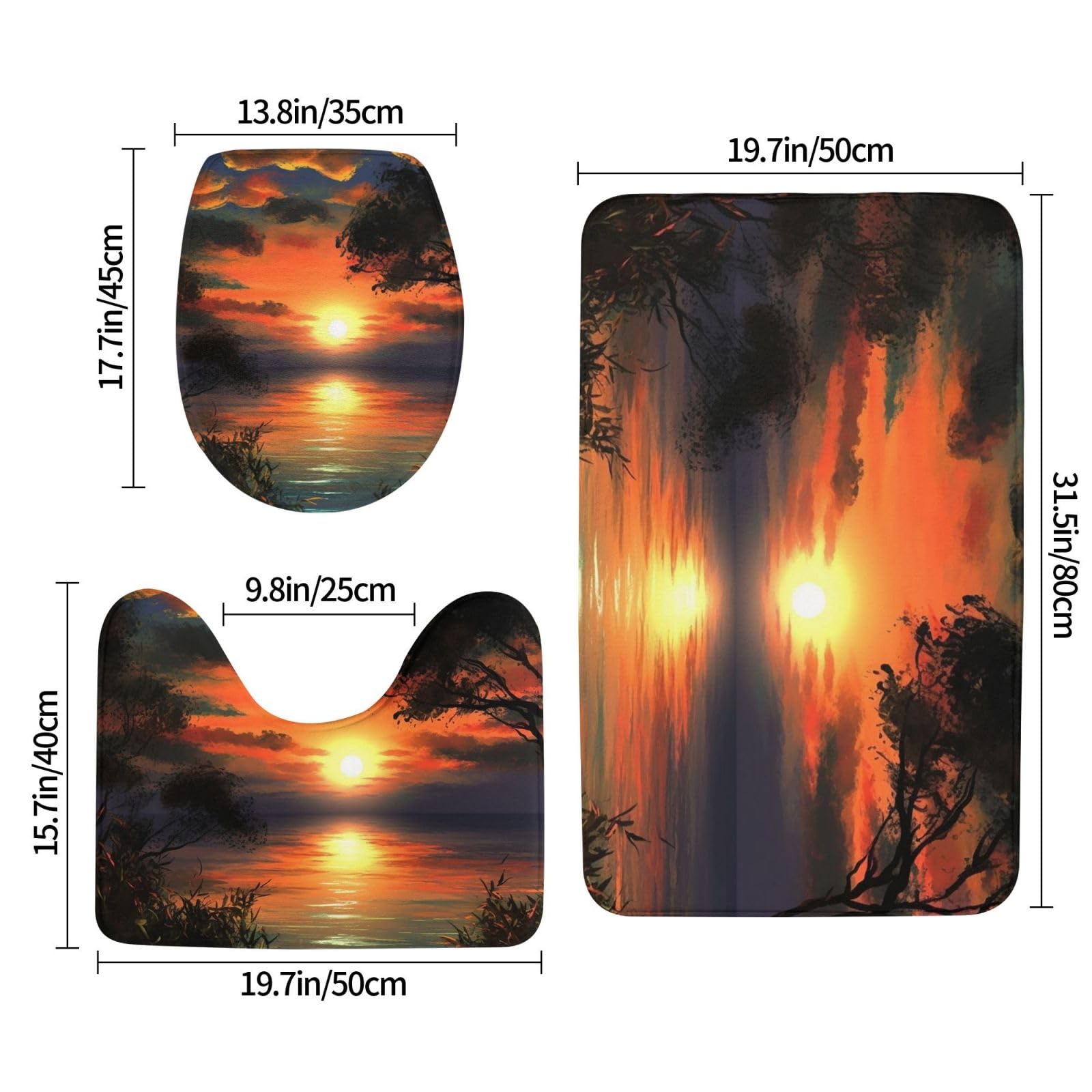Set di 3 tappetini da bagno con disegno di tramonto in flanella morbida antiscivolo con coperchio per la decorazione della casa