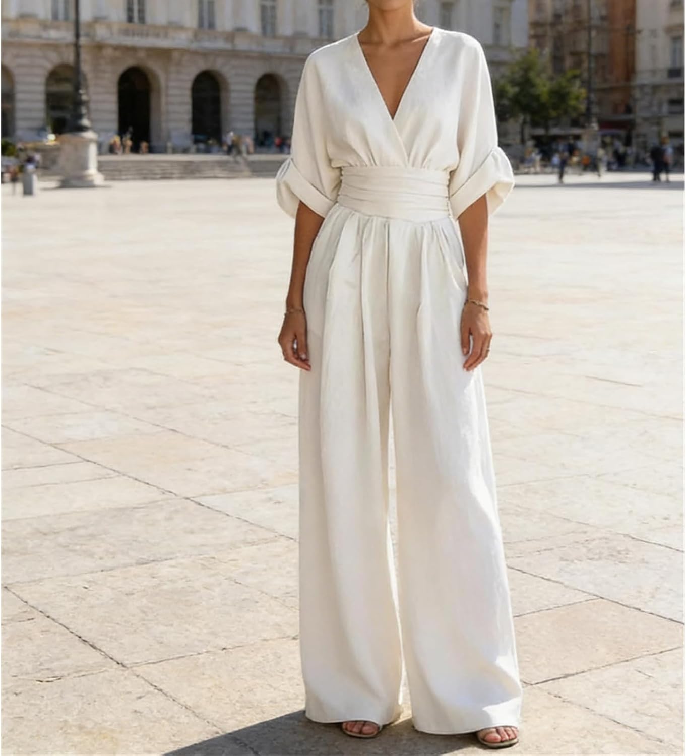 Women's V-Neck Wide Leg Jumpsuit, Ruched High Waist Batwing Sleeve Jumpsuit with Pockets for Casual Daily Office Party