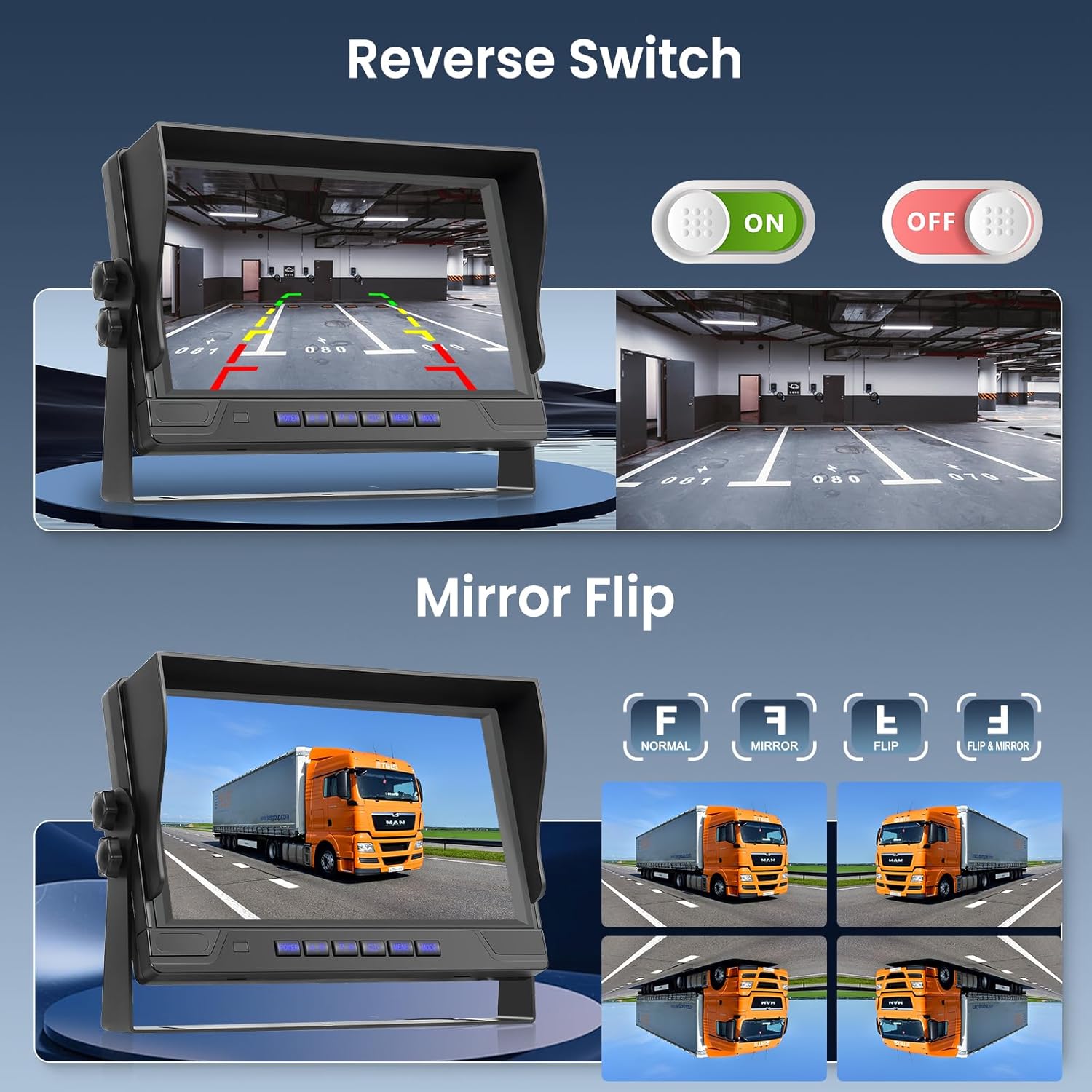 Reverse switch and mirror flip options for camera display.