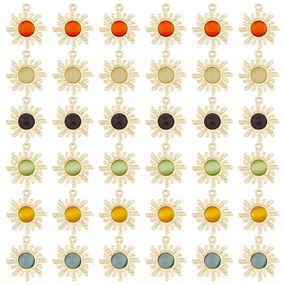 HOBBIESAY 36Pcs 6 Colors Imitation Cat Eye Stone Sunflower Pendants Golden Plated Alloy Sun Charms Mixed Color Necklace Pendants with Loop Shiny Opal Bead Charms for Jewelry Making