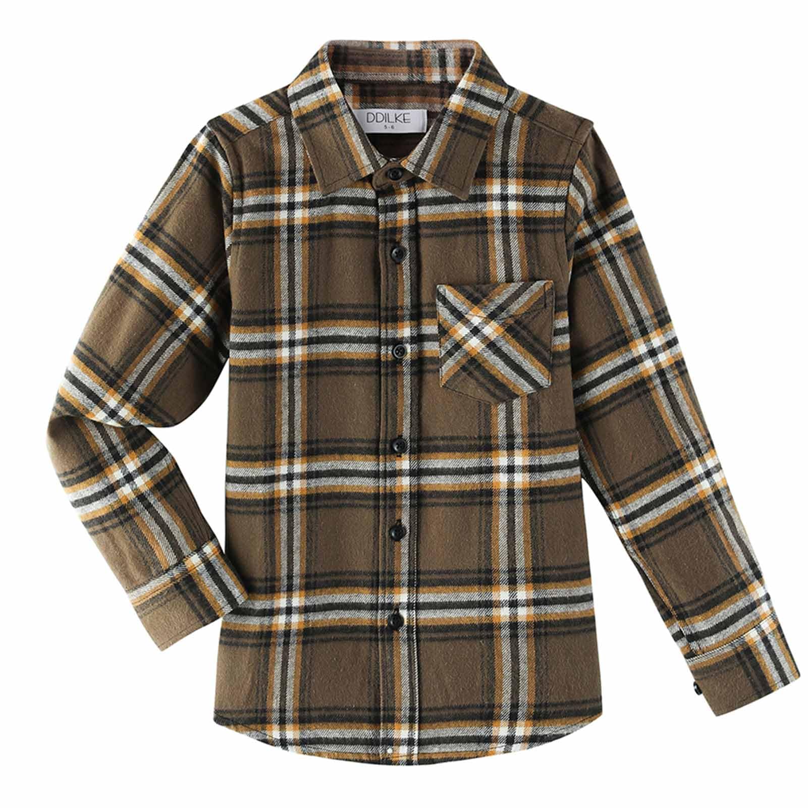 DILBYKE Camisa casual de franela para niños, de manga larga, a cuadros, con botones, felpa de algodón suave