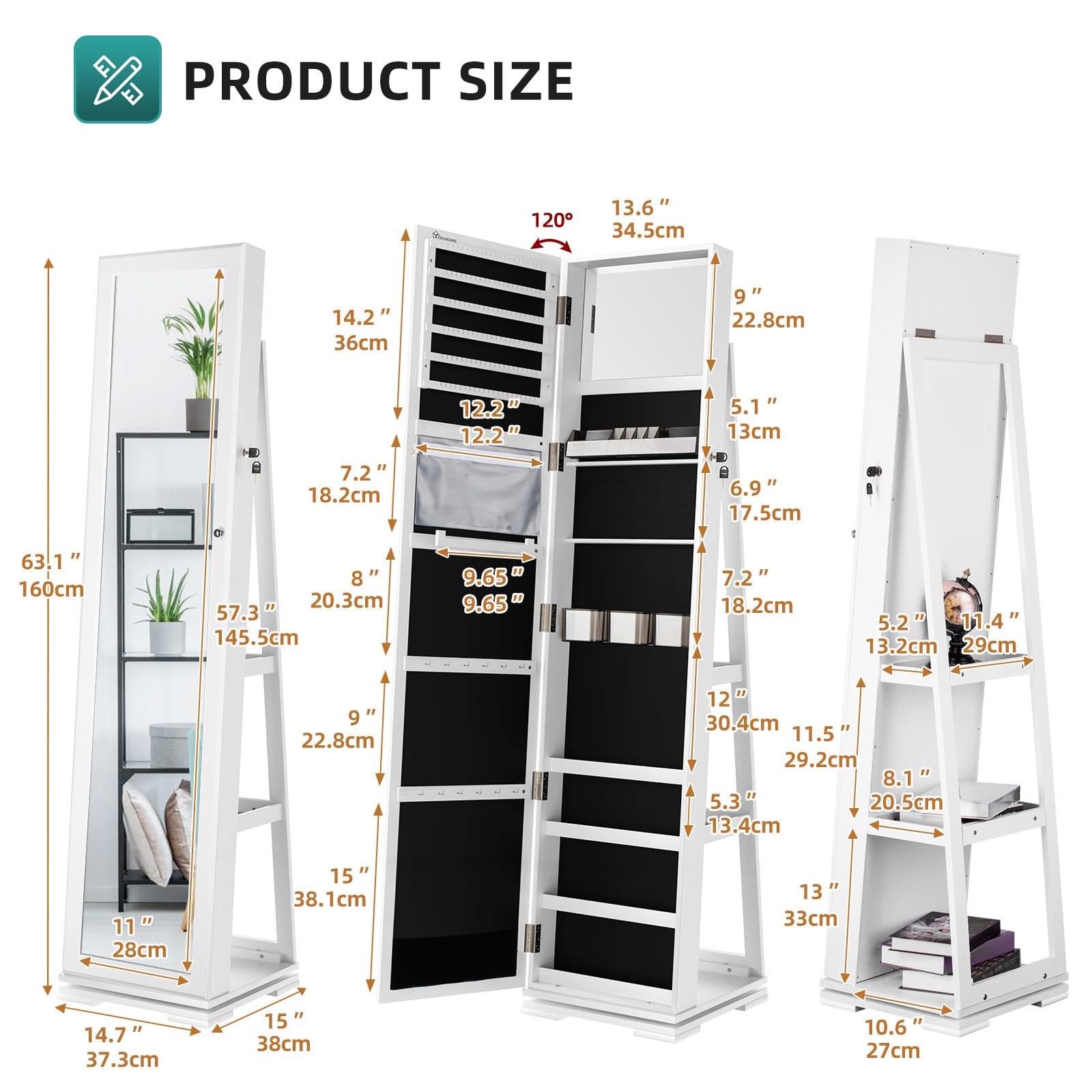 YITAHOME Jewellery Cabine Standing Full Length Mirrort, 360° Swivel Jewelry Armoire 3-in-1 Mirror, Lockable Cosmetic Storage Organize for Dressing/Bedroom