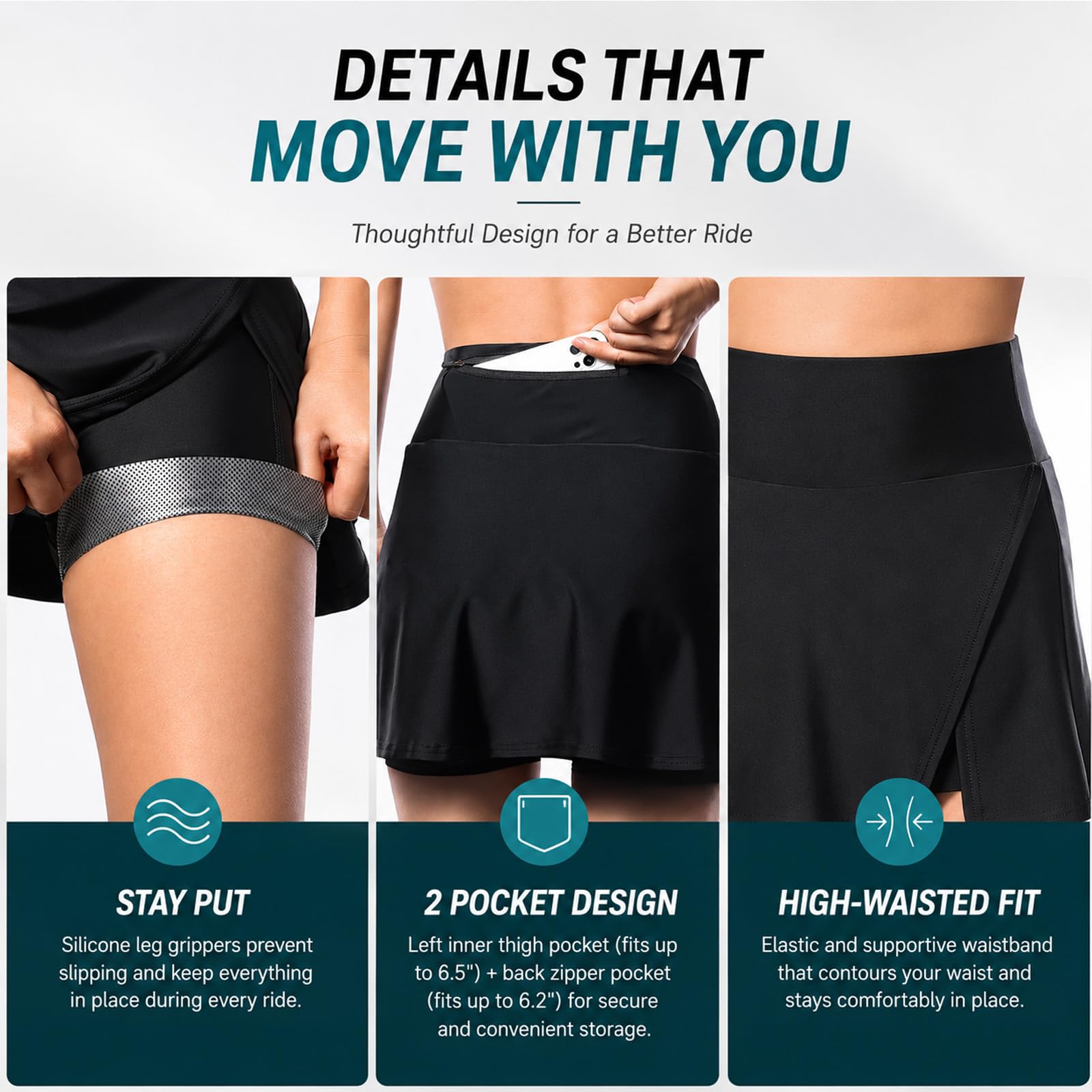 Jupe-Culotte de Cyclisme Femme avec Short Rembourré 4D, Jupe Sportive Taille Haute Respirante à Séchage Rapide, Short Intégré avec Poches pour Tennis Golf Course Route VTT