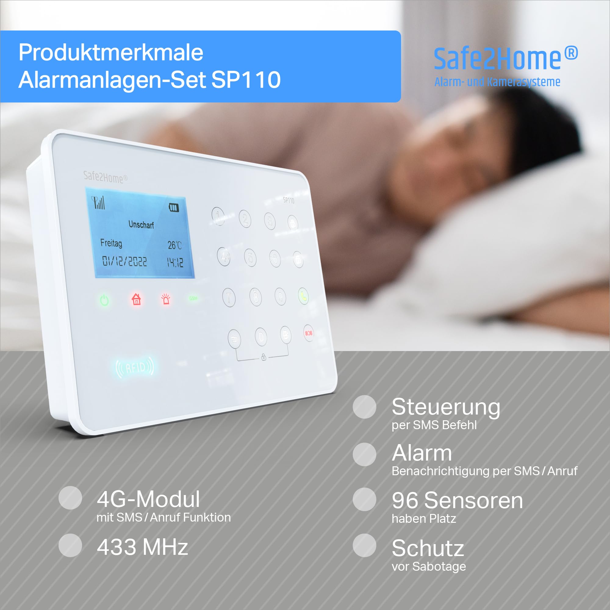 Safe2Home® Funk Alarmanlagen Set SP110 mit Sabotageschutz Solar Sirene - deutsch - LTE Alarmsystem SMS Alarmierung - Alarmanlagen fürs Haus Büro inkl. Zubehör Sensoren - Alarmsystem