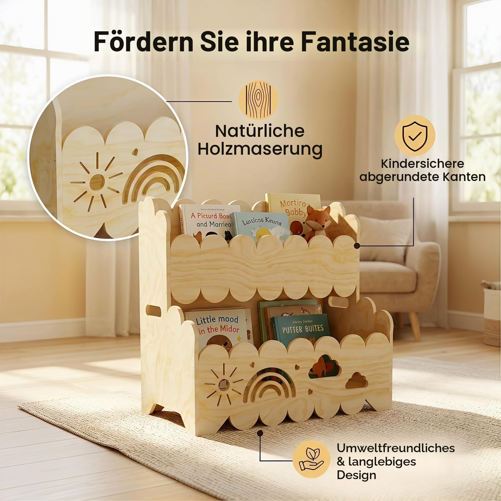 Kinder Bücherregal Holz, 2-Stöckiges Kinderbücherregal Montessori-Bücherregal Bücherkiste Kinder Wolkenmuster Spielzeug Organizer Regal für Kinderzimmer, Kindergarten
