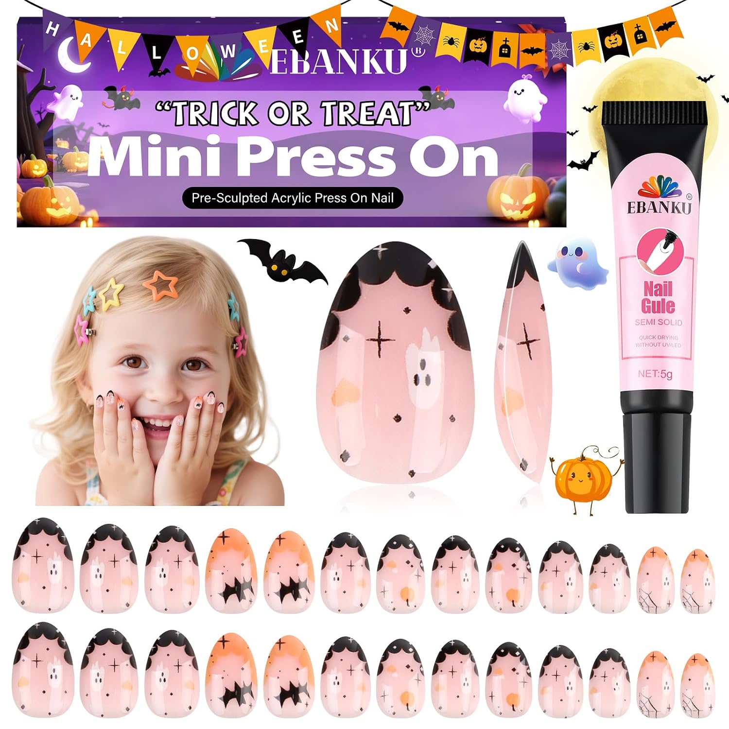 Halloween Press on Nails Kid, EBANKU 26Pcs Almond Fake Nails