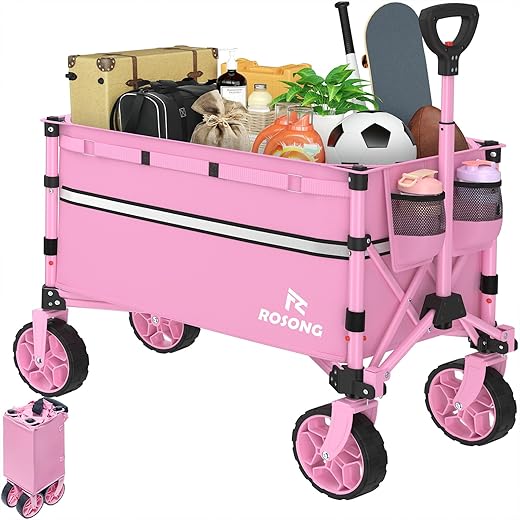 Collapsible Wagon Cart with Wheels Foldable - Folding Utility Heavy Duty Wagons Carts for Grocery Sports Garden Shopping Camping Wheelbarrows (Pink, 120L)
