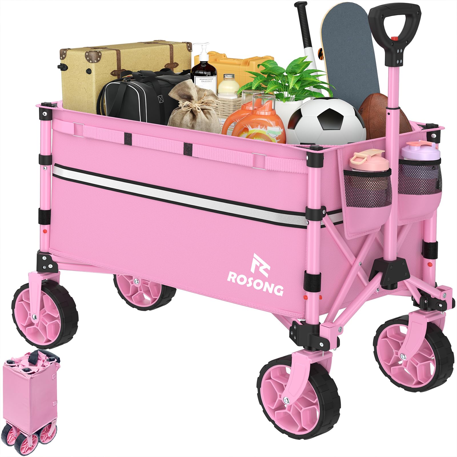 ROSONG Collapsible Wagon Cart with Wheels Foldable - Folding Utility Heavy Duty Wagons Carts for Grocery Sports Garden Shopping Camping Wheelbarrows (Pink, 120L)