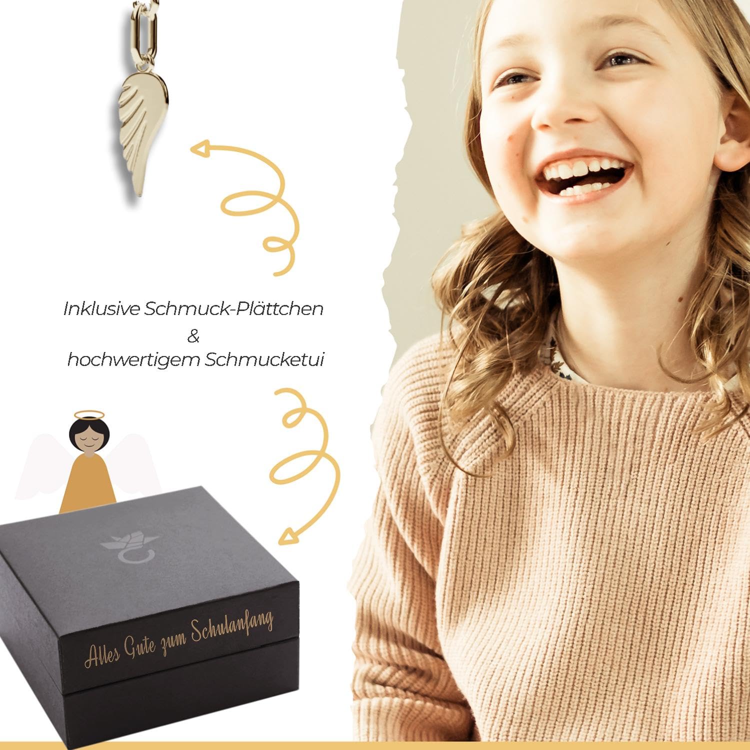 Geschenke zur Einschulung Mädchen, Schutzengel Kette Silber 925 Gold | Engel-Anhänger vergoldet Halskette, Geschenk zum Schulanfang Schultüte Inhalt Füllung Schulkind, Kinderschmuck